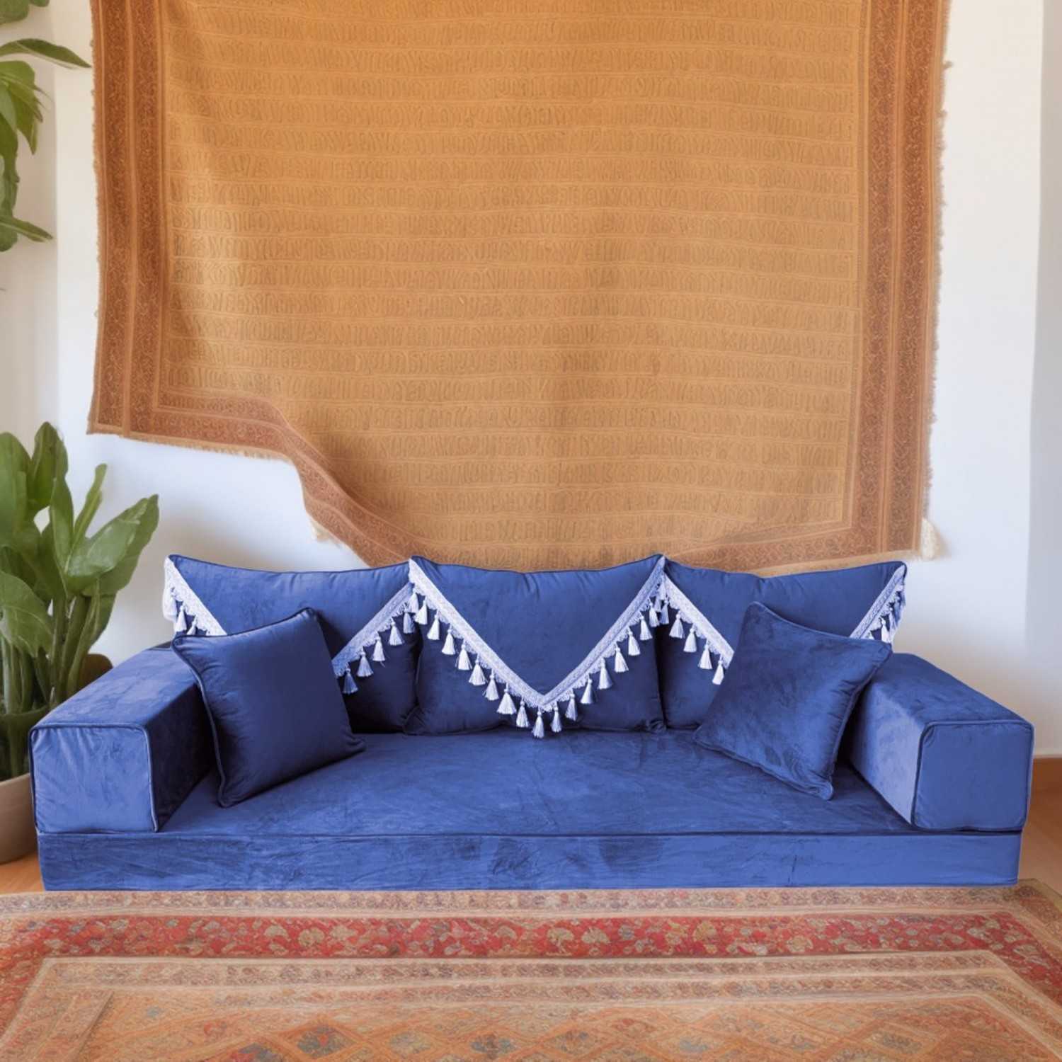 PLUSH Velvet Gold Tassel Back Floor Sofa Set