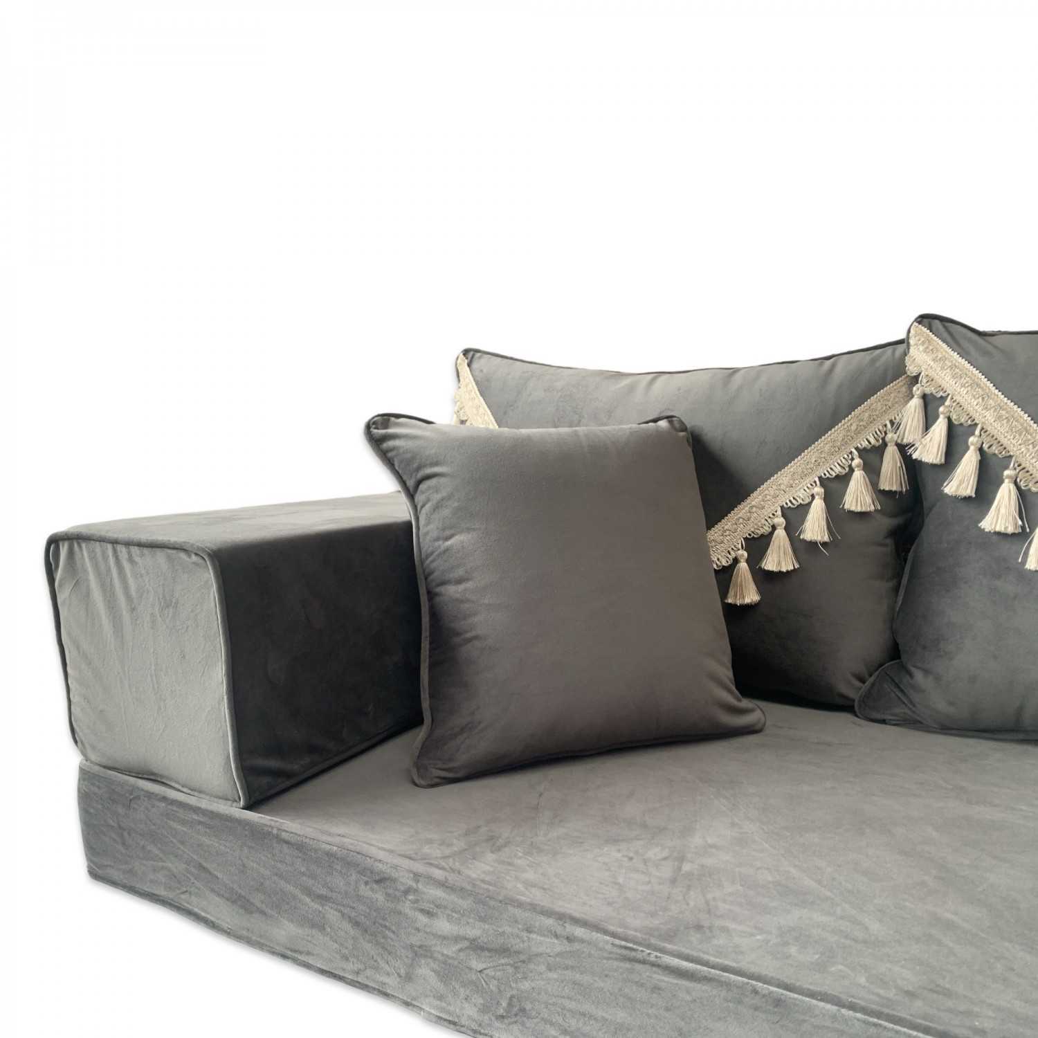 PLUSH Velvet Gold Tassel Back Floor Sofa Set