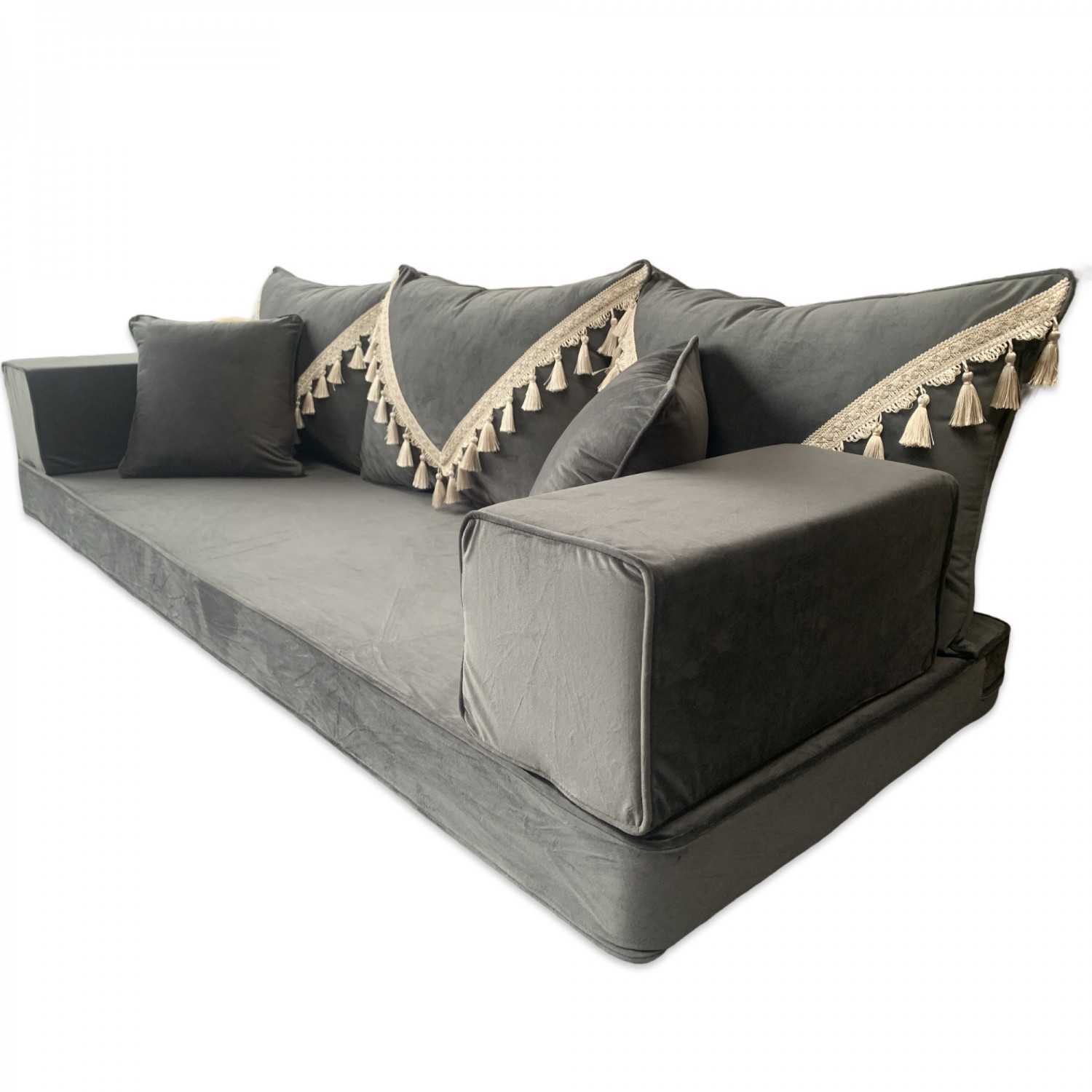 PLUSH Velvet Gold Tassel Back Floor Sofa Set