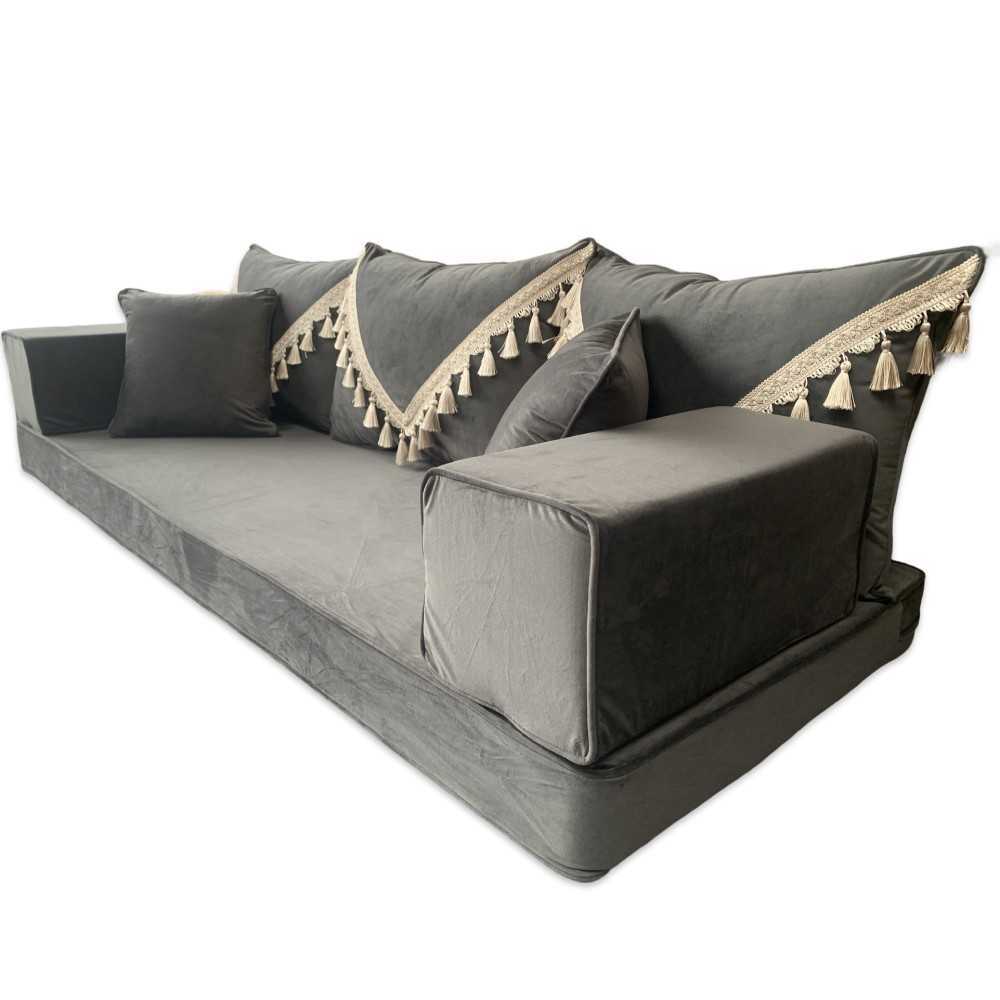 PLUSH Velvet Gold Tassel Back Floor Sofa Set