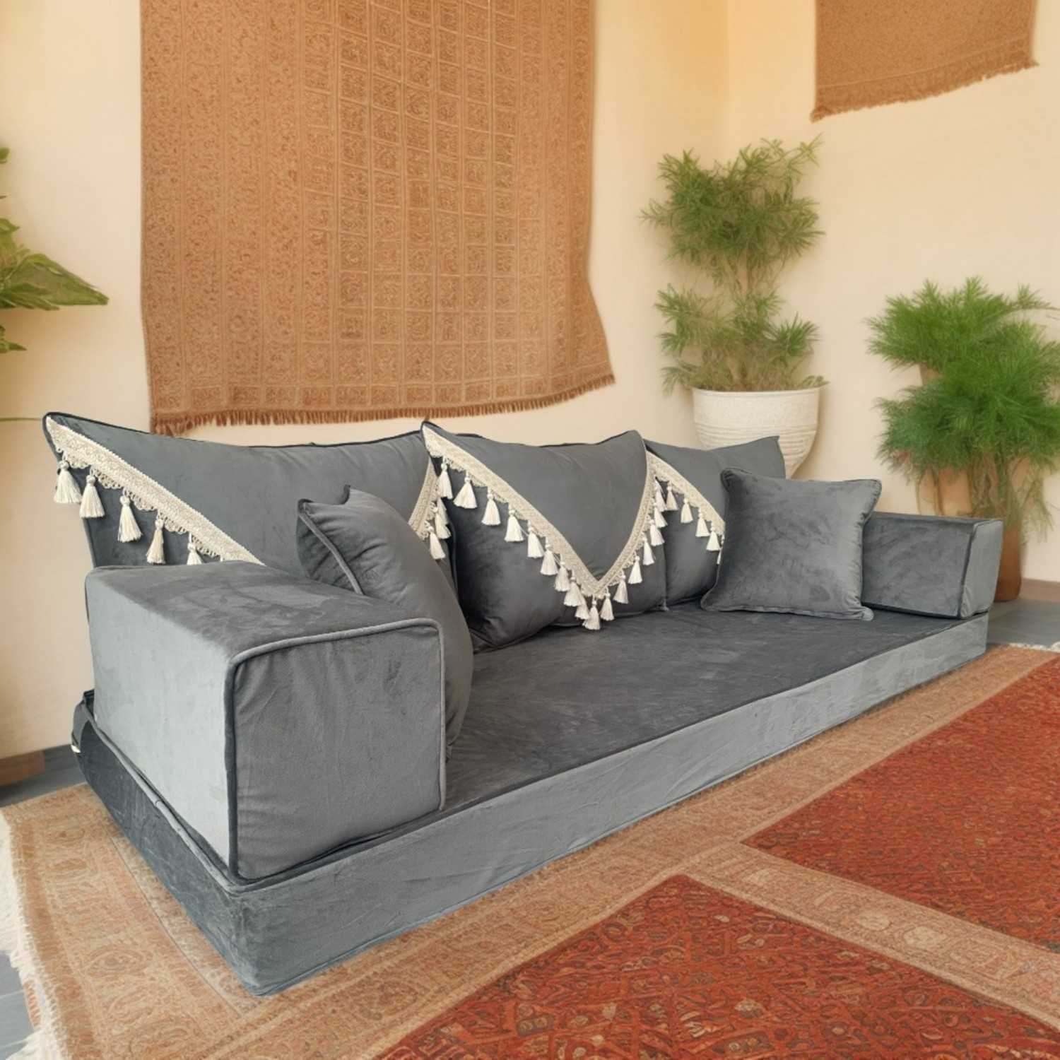 PLUSH Velvet Gold Tassel Back Floor Sofa Set