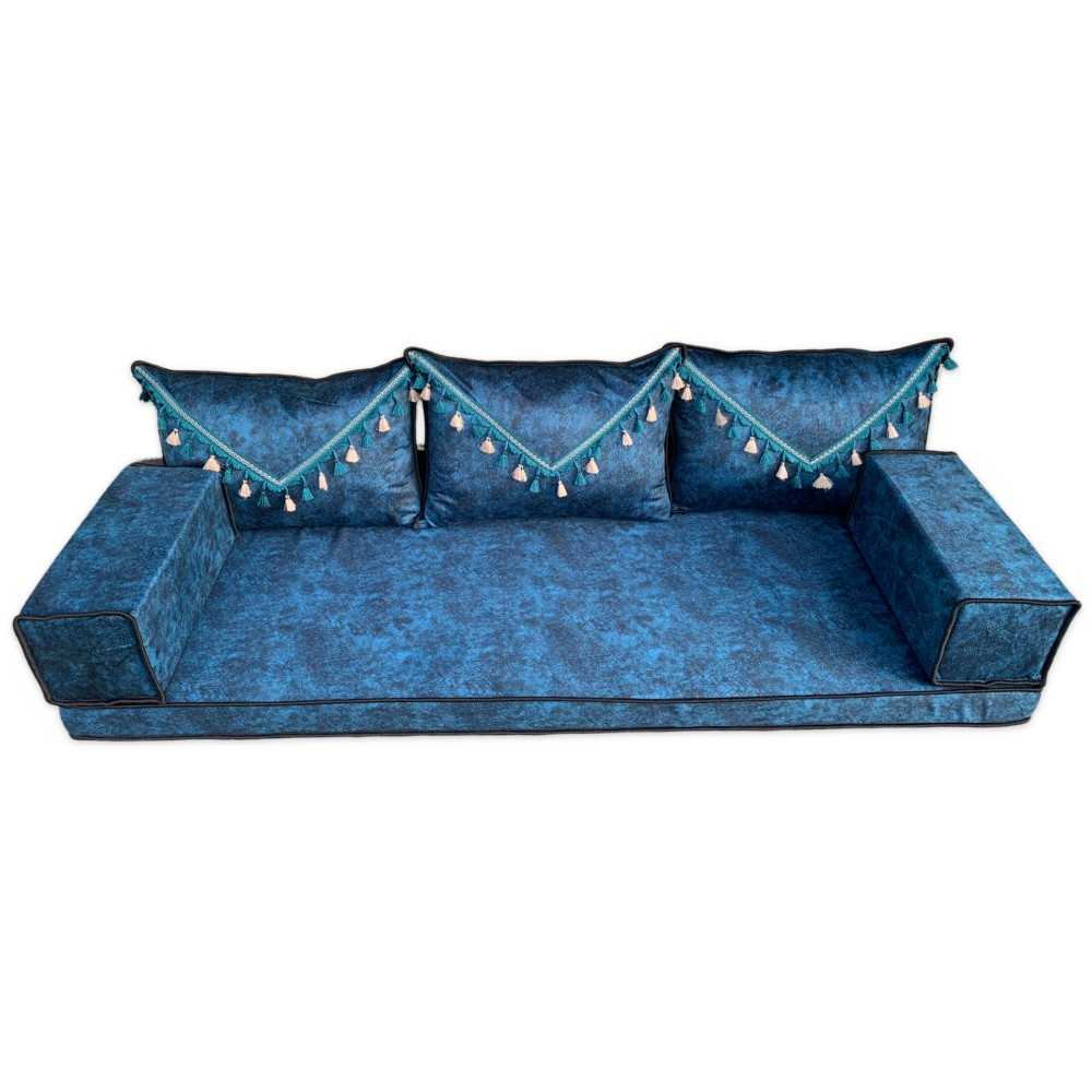ELEGANT Navy Tassel Three Seater Majlis Floor Sofa Set