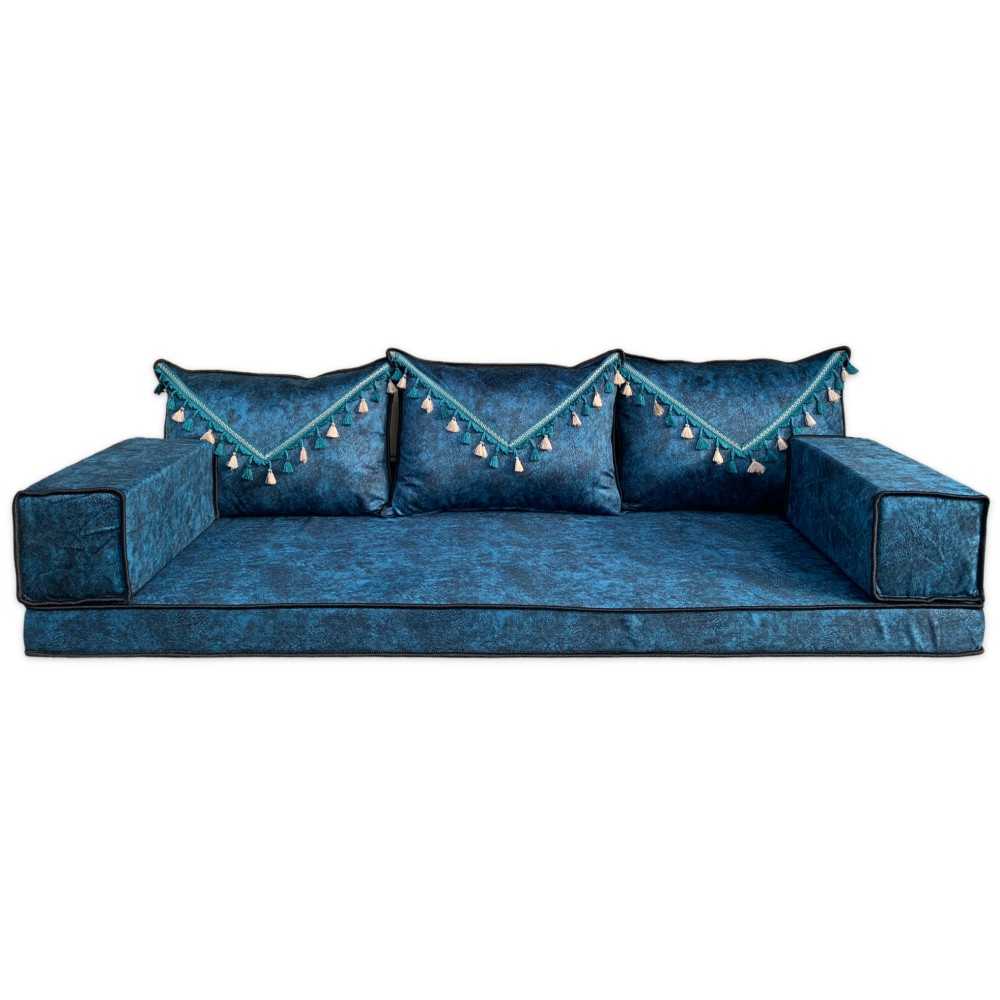 ELEGANT Navy Tassel Three Seater Majlis Floor Sofa Set
