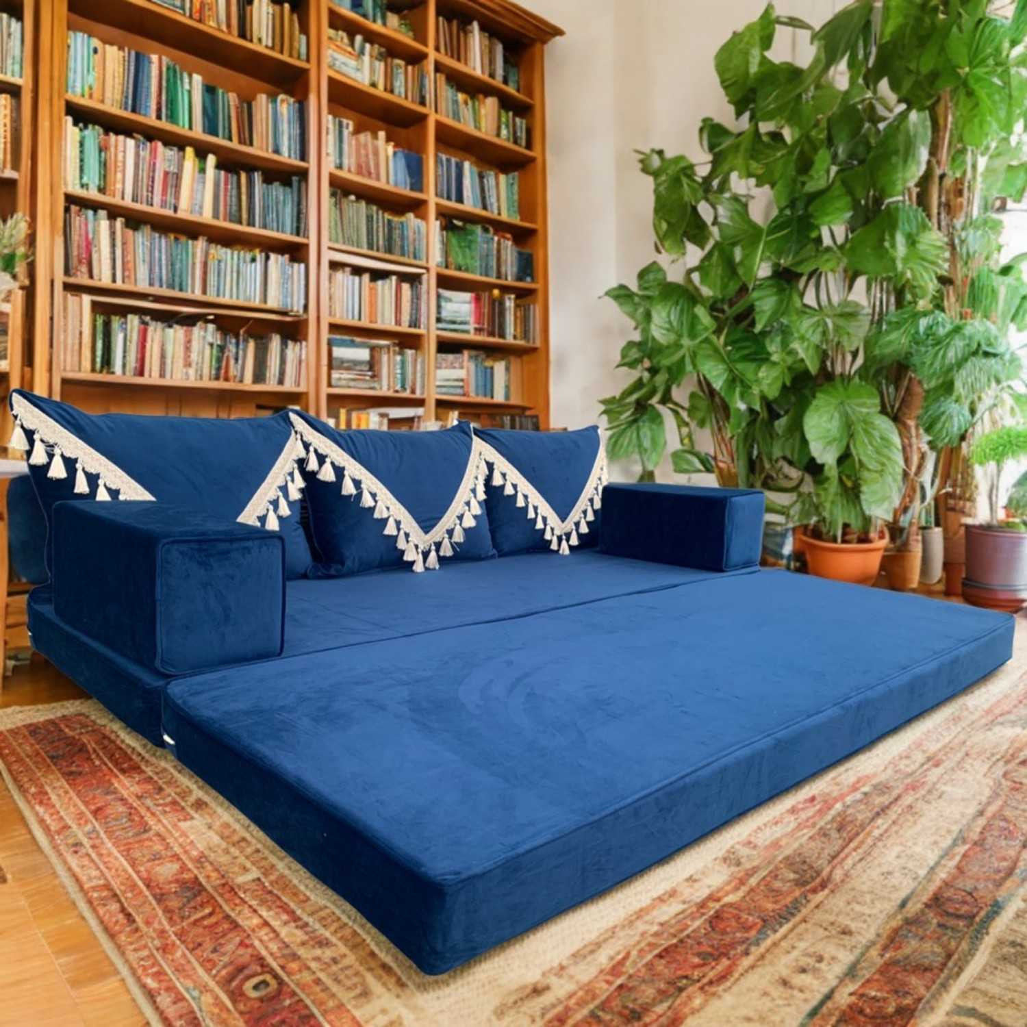 PLUSH Midnight Navy Tasseled Dual Base Velvet Floor Sofa Set