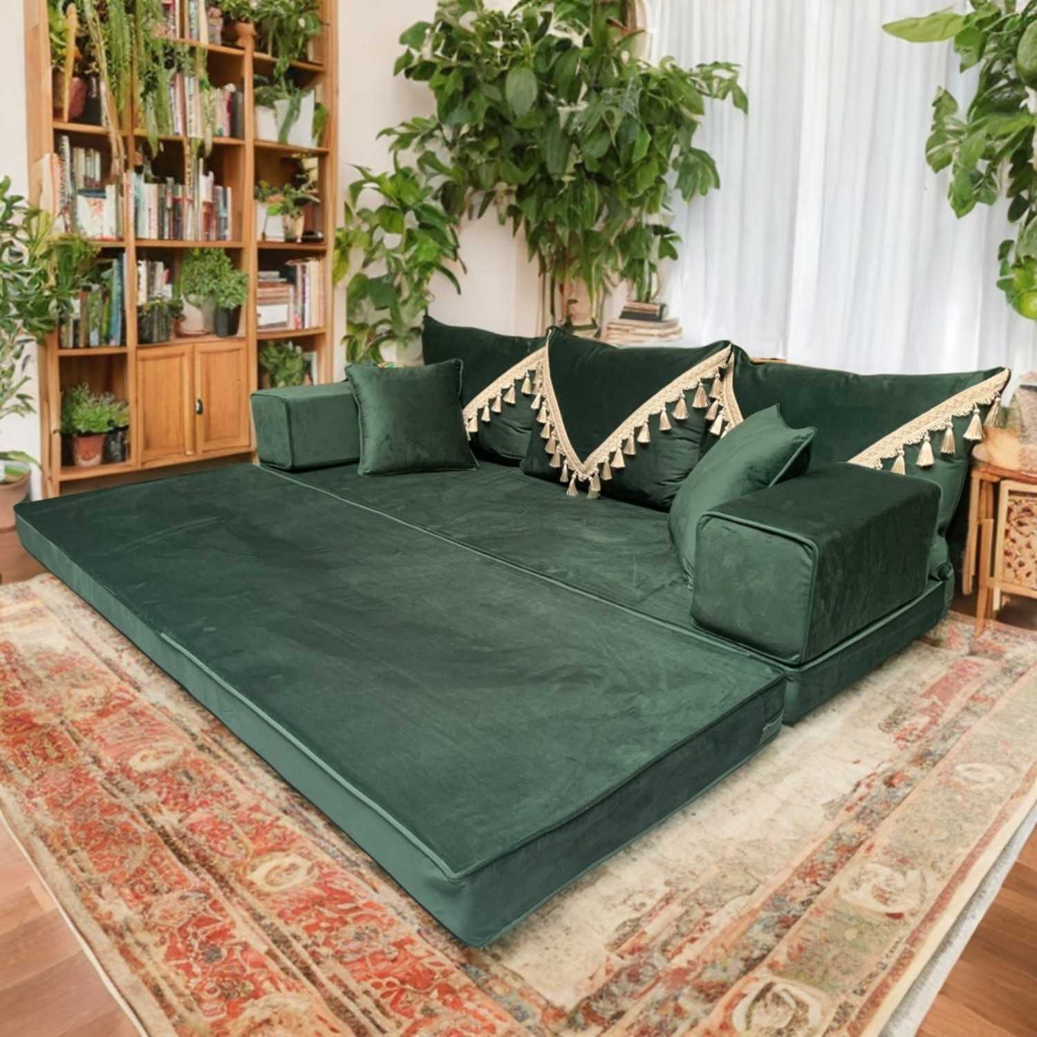 PLUSH Forest Green Tasseled Dual Base Velvet Floor Sofa Set