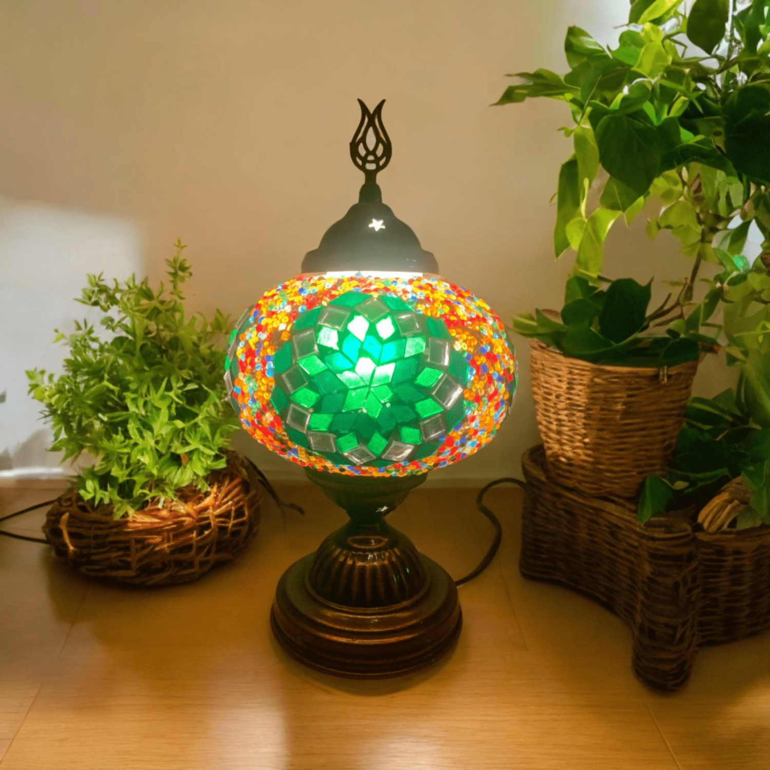 Turkish Handmade Green Glass Mosaic Table Lamp – Medium Size (30 cm Height)