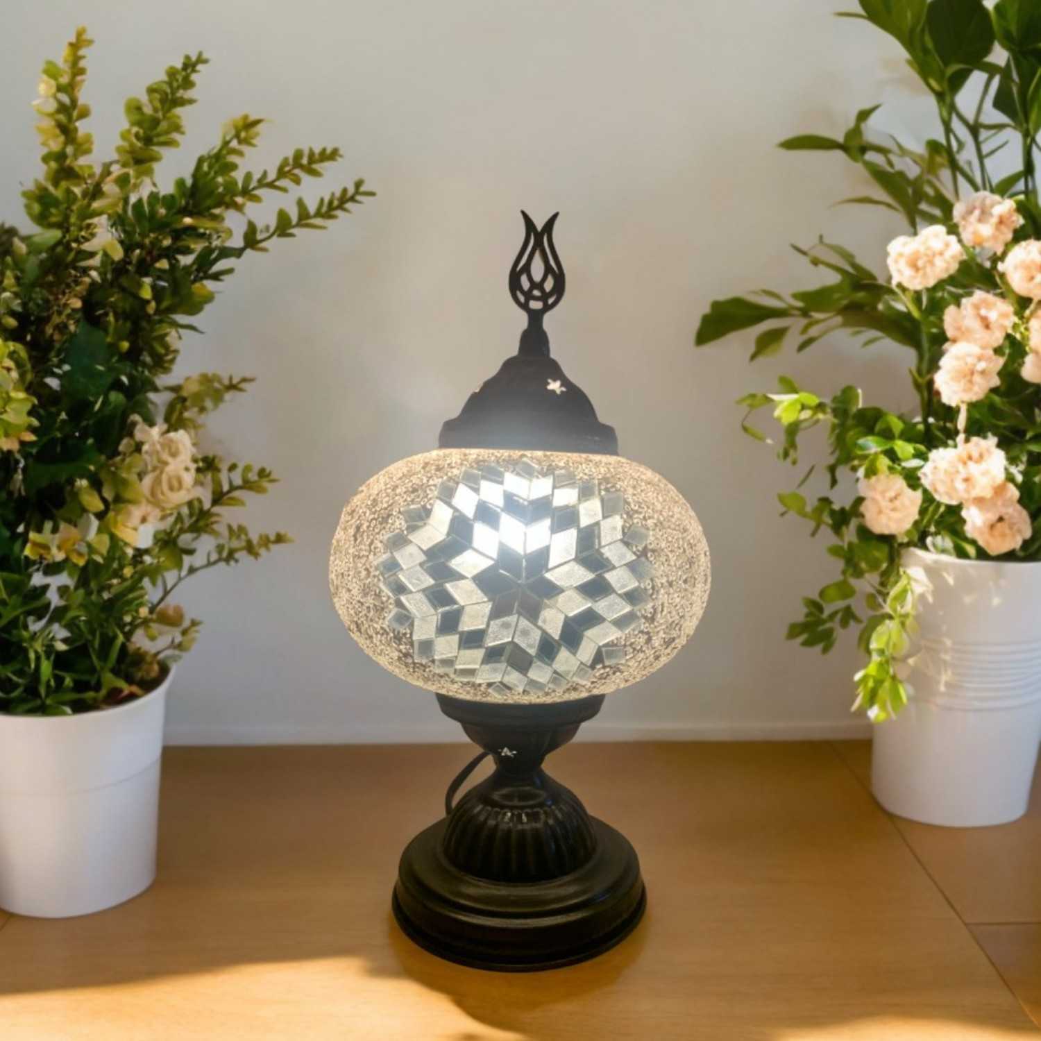Turkish Handmade White Glass Mosaic Table Lamp – Medium Size (30 cm Height)