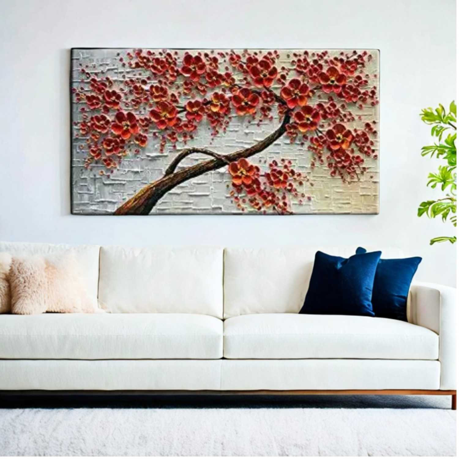 Modern Handmade Abstract Red Flower Palette Knife Oil Painting on Canvas
