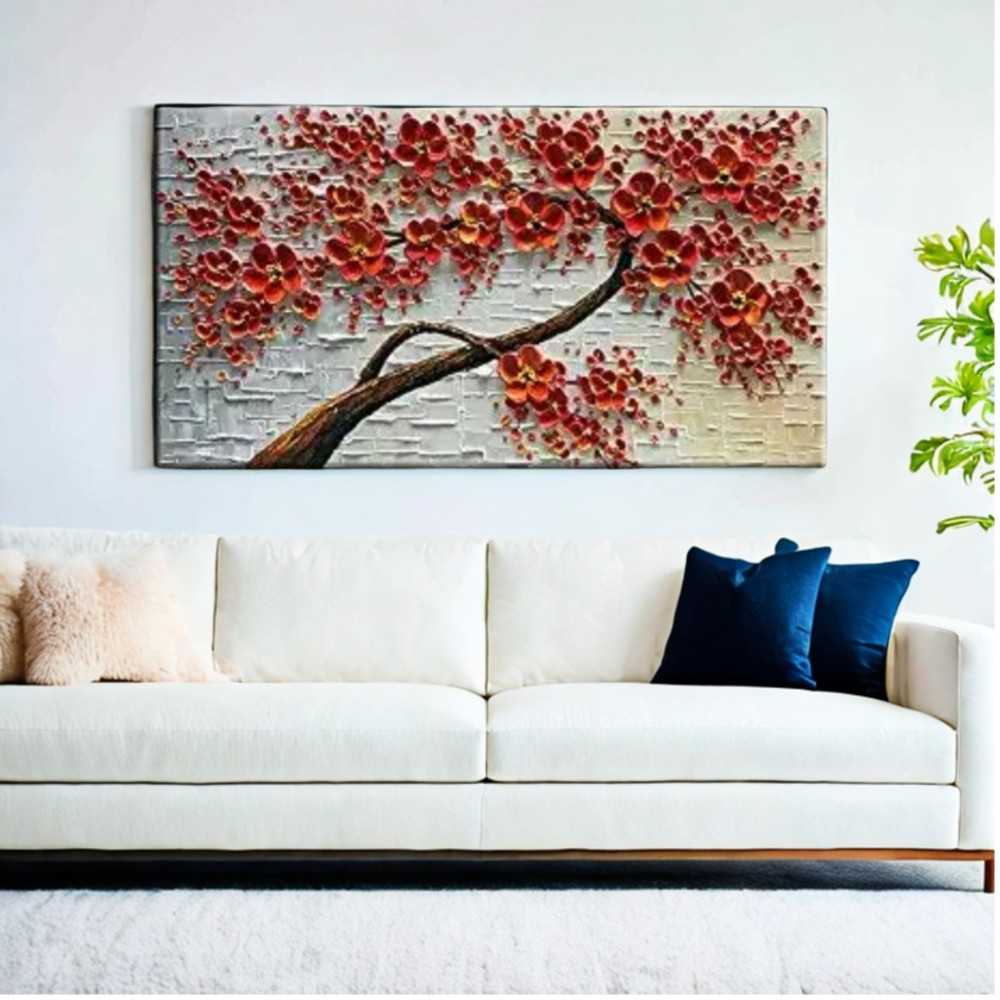Modern Handmade Abstract Red Flower Palette Knife Oil Painting on Canvas