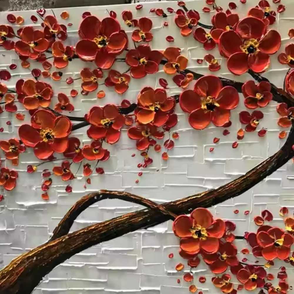 Modern Handmade Abstract Red Flower Palette Knife Oil Painting on Canvas