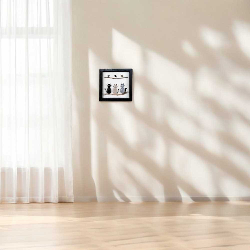 Cats and Birds Framed Pebble Wall Art