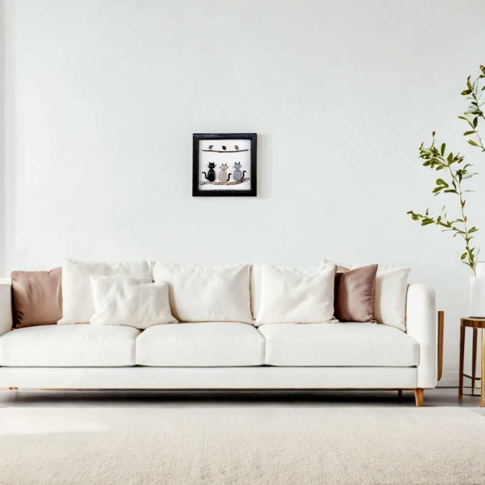 Cats and Birds Framed Pebble Wall Art