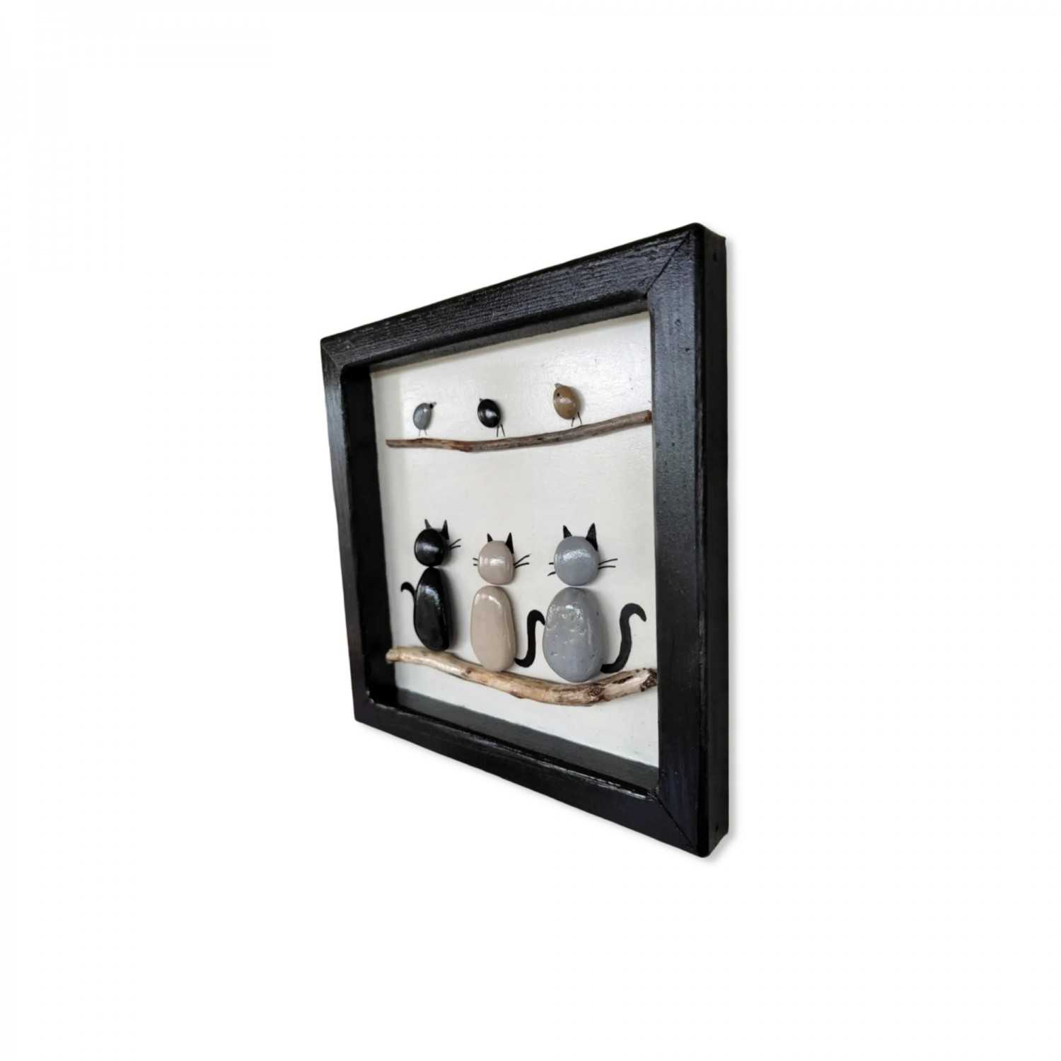 Cats and Birds Framed Pebble Wall Art