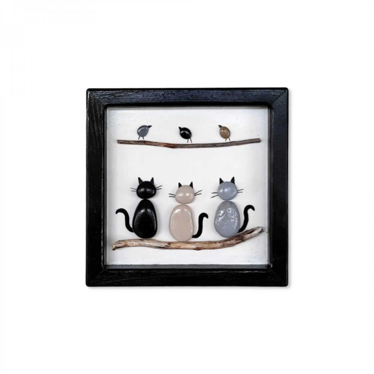 Cats and Birds Framed Pebble Wall Art