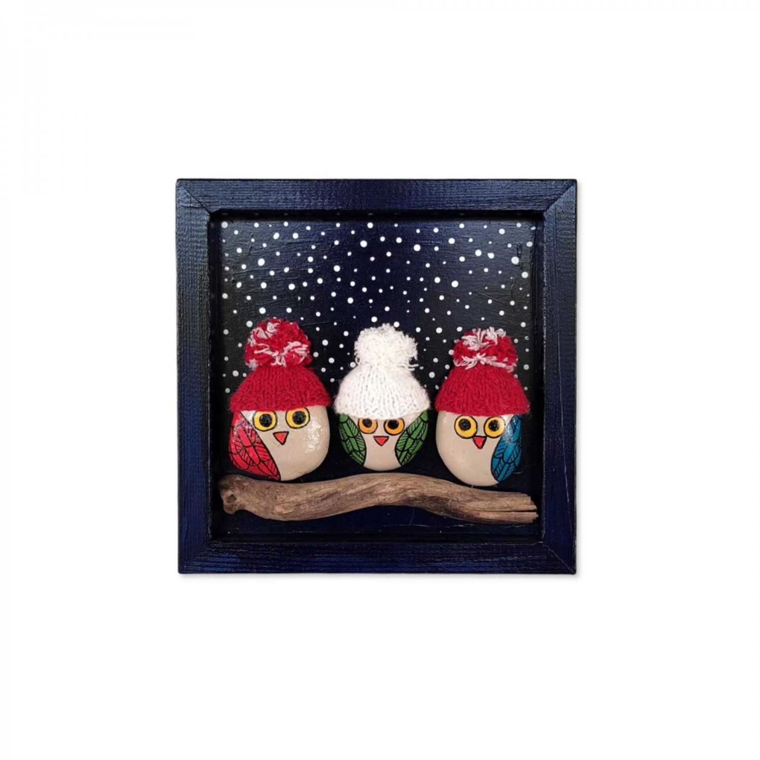 3 Owls Handmade Framed Pebble Wall Art