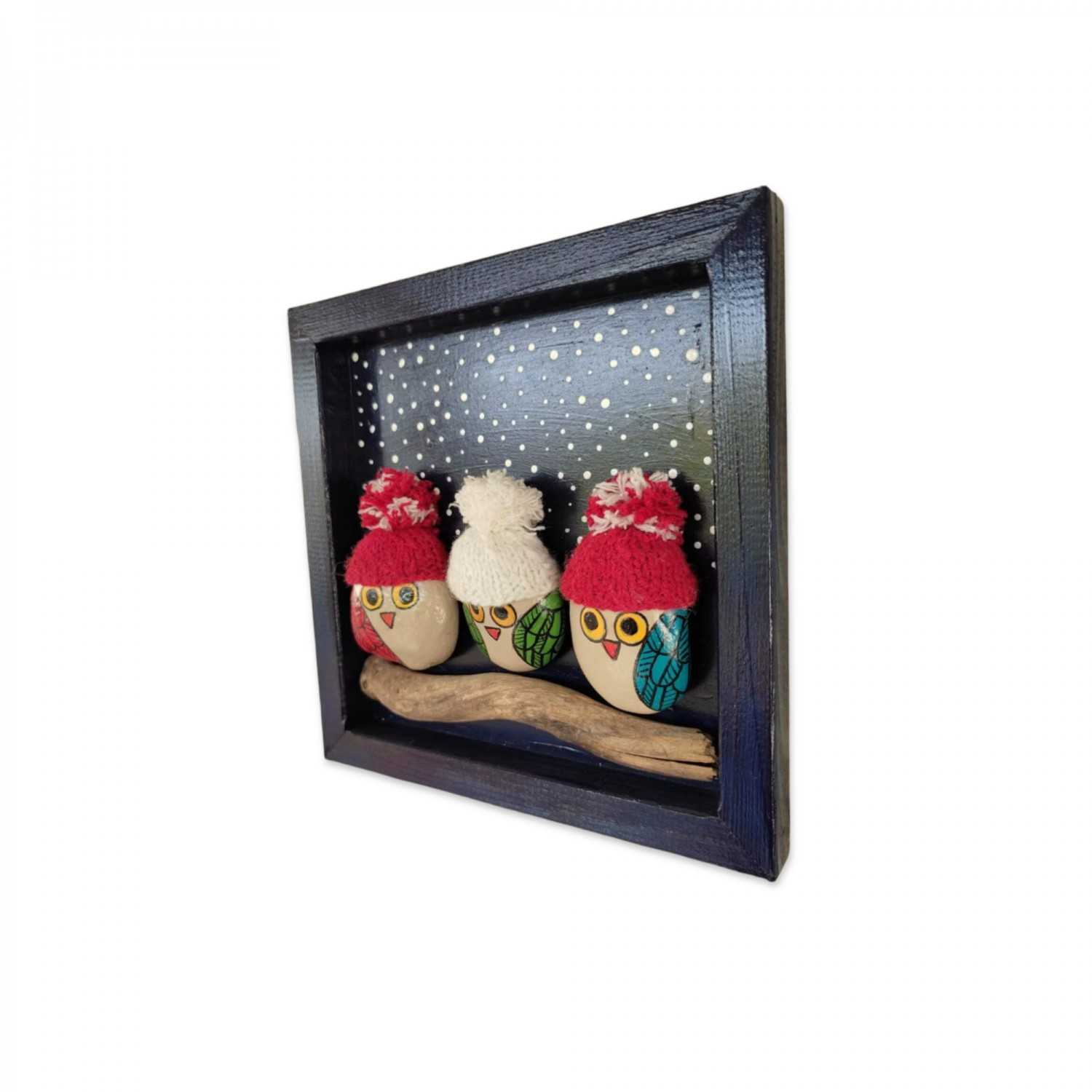 3 Owls Handmade Framed Pebble Wall Art