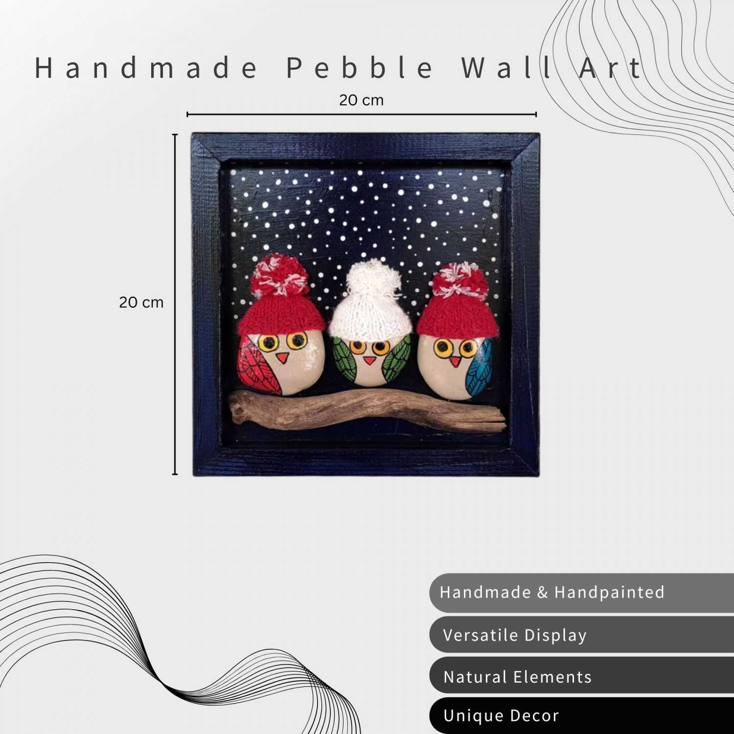 3 Owls Handmade Framed Pebble Wall Art
