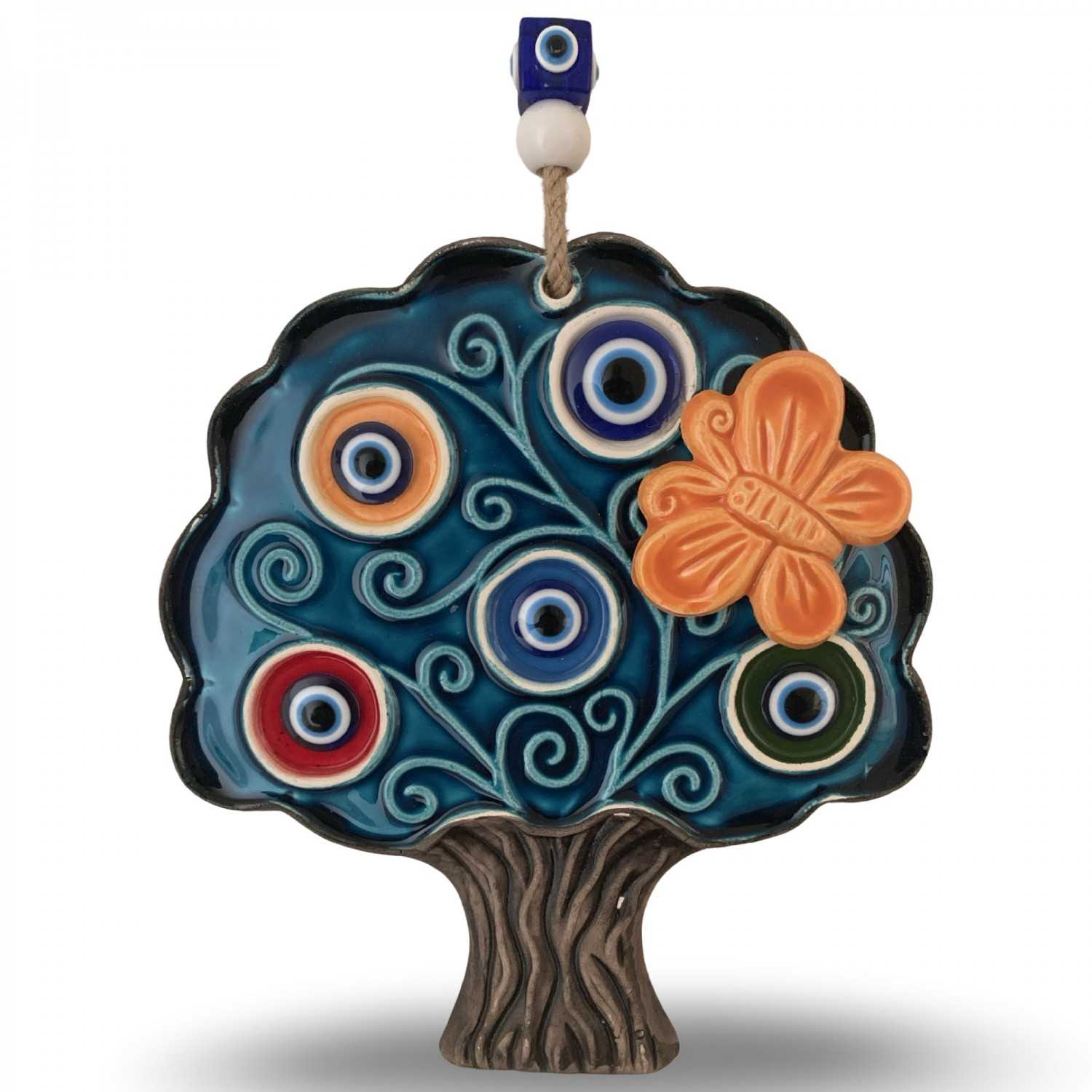 Handcrafted Turkish Ceramic Tree Wall Hanging – Blue Evil Eyes & Butterfly Decoration