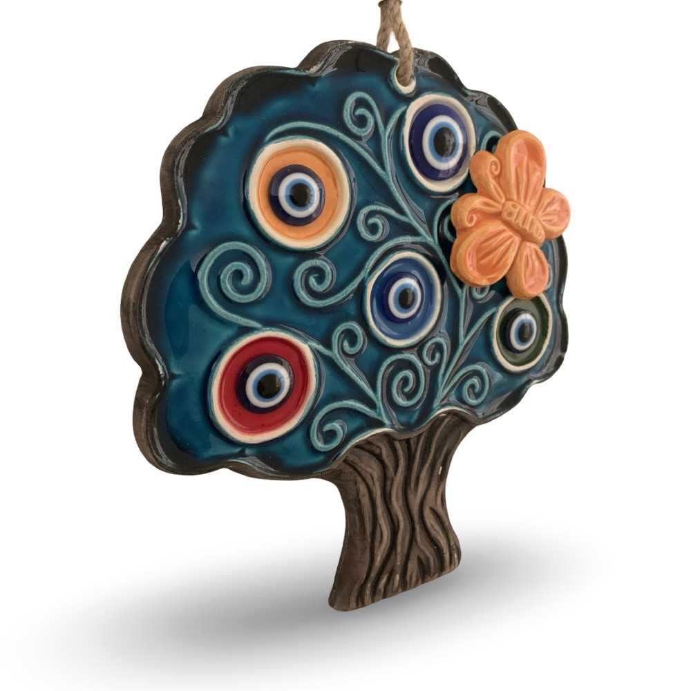 Handcrafted Turkish Ceramic Tree Wall Hanging – Blue Evil Eyes & Butterfly Decoration