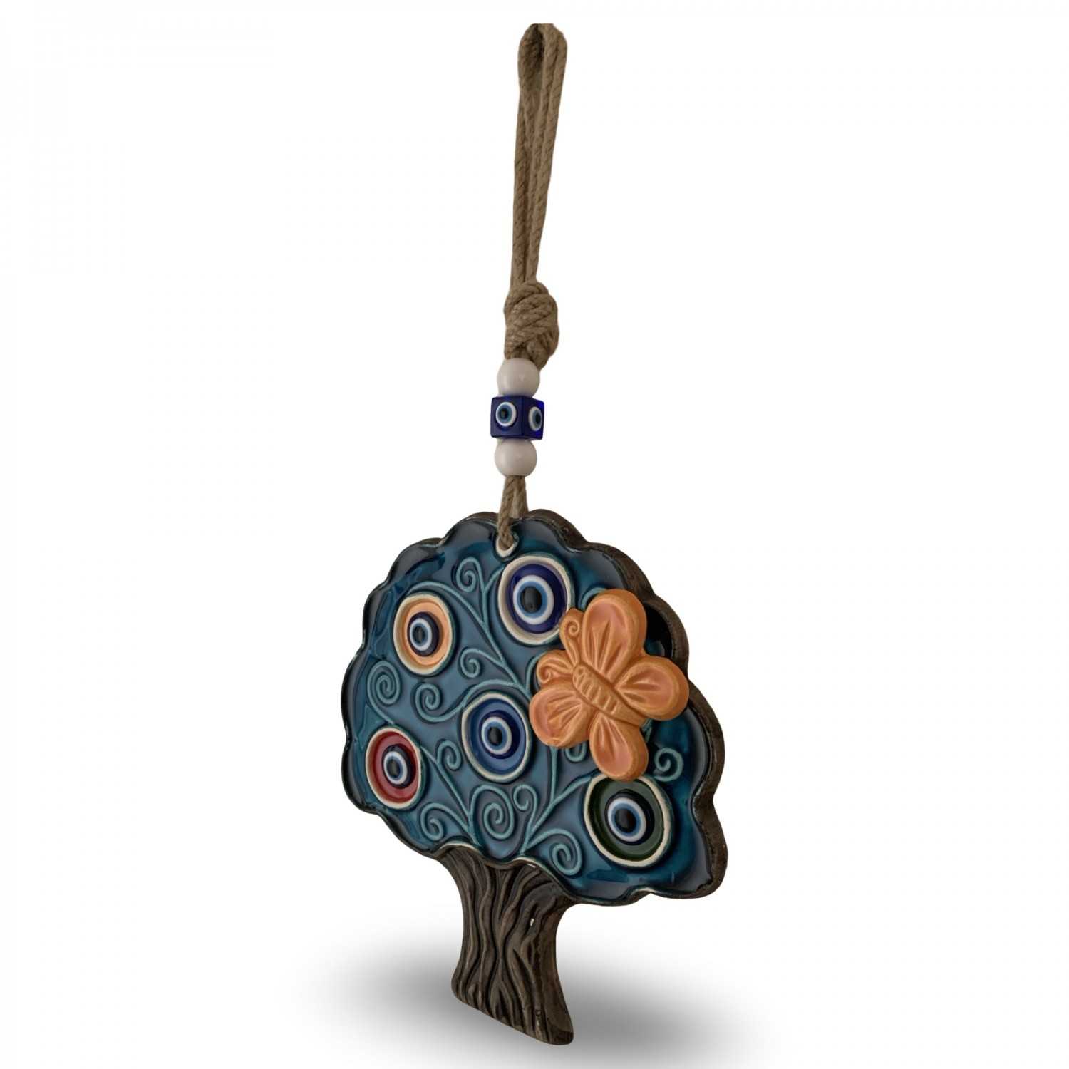 Handcrafted Turkish Ceramic Tree Wall Hanging – Blue Evil Eyes & Butterfly Decoration