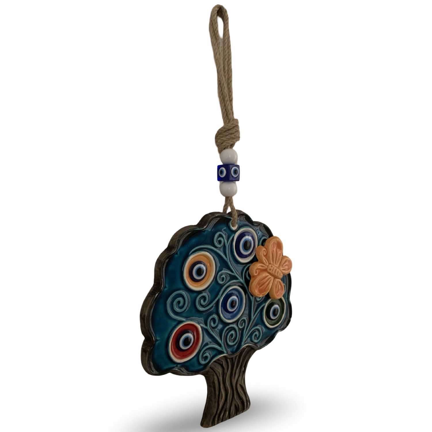 Handcrafted Turkish Ceramic Tree Wall Hanging – Blue Evil Eyes & Butterfly Decoration