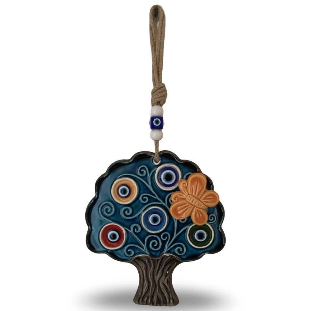 Handcrafted Turkish Ceramic Tree Wall Hanging – Blue Evil Eyes & Butterfly Decoration