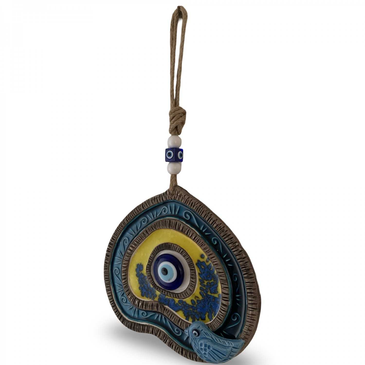 Handcrafted Turkish Ceramic Heart Wall Hanging – Blue Evil Eye & Bird Motif