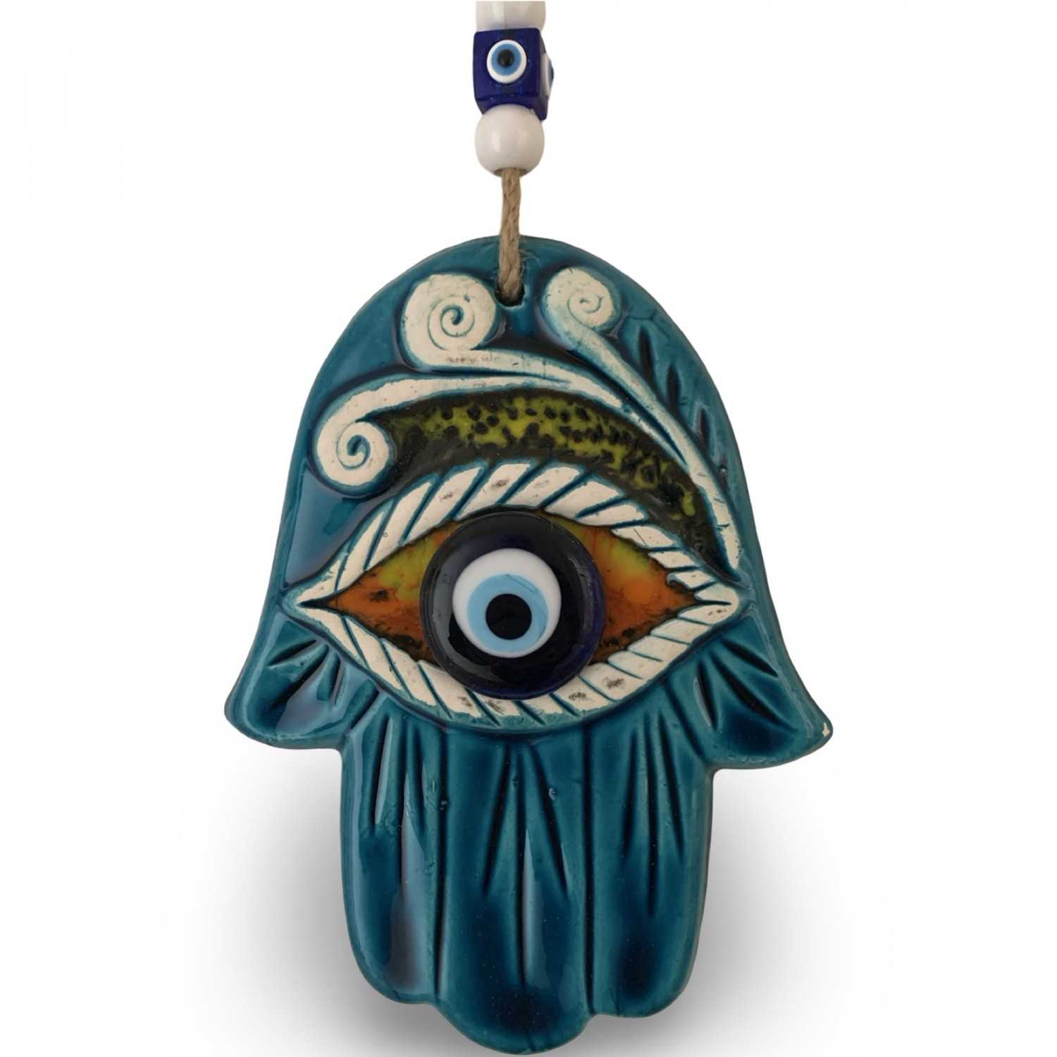 Handmade Turkish Ceramic Decorative Wall Hanging – Hamza Hand & Blue Evil Eye Design