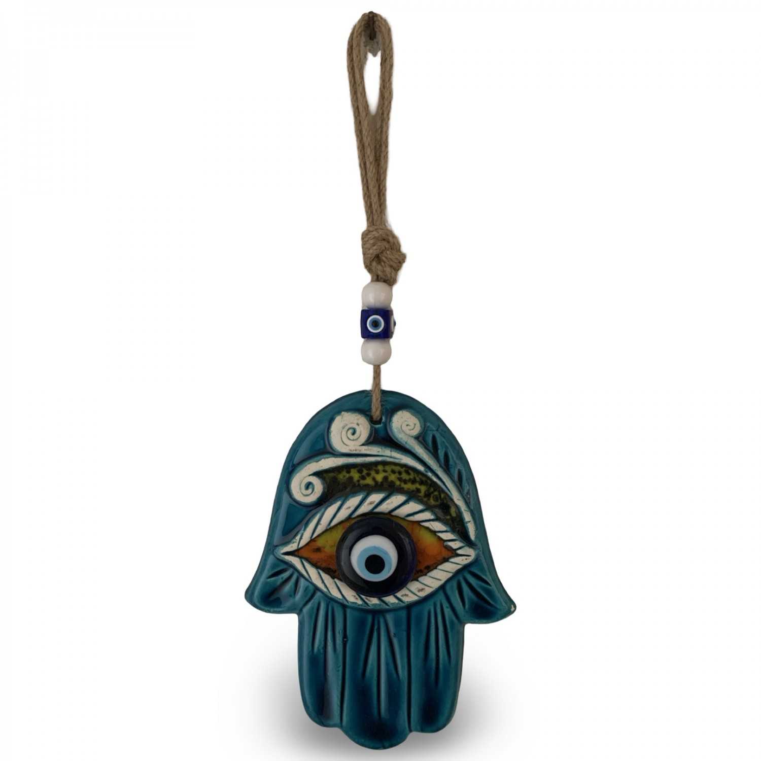 Handmade Turkish Ceramic Decorative Wall Hanging – Hamza Hand & Blue Evil Eye Design