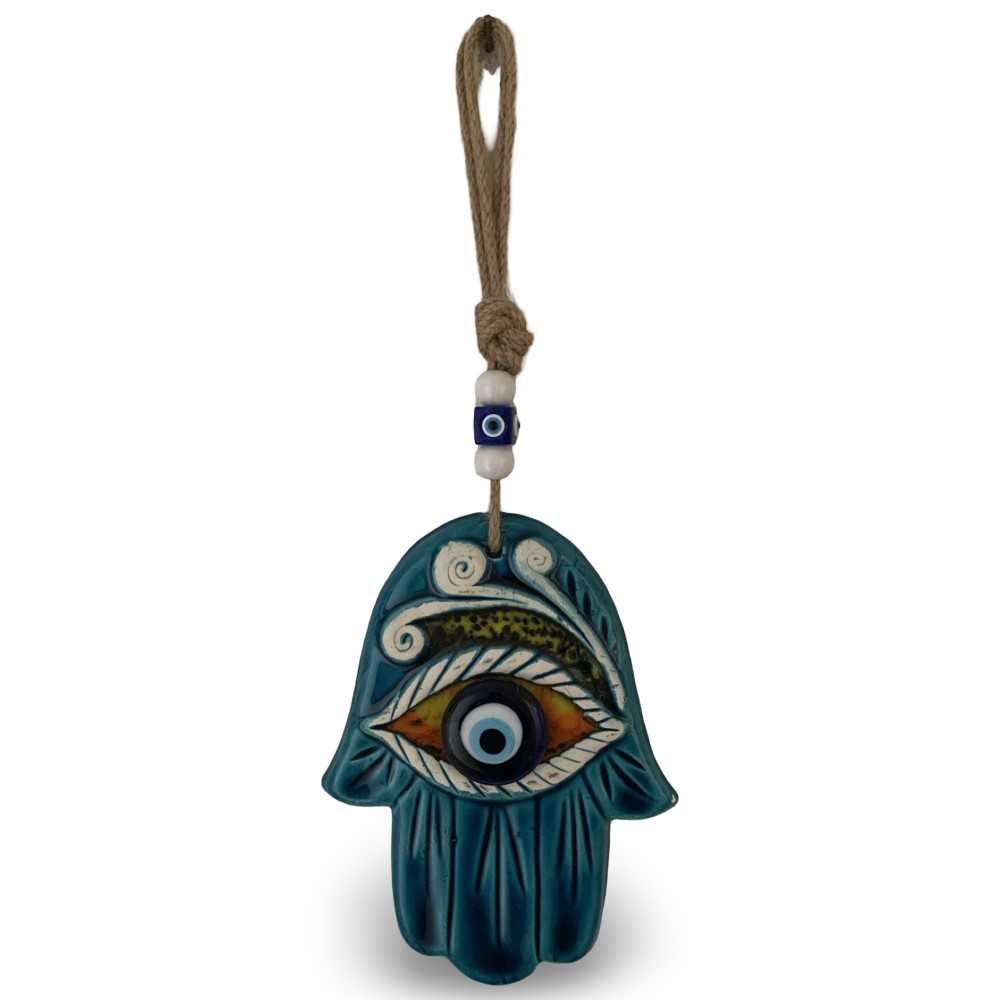Handmade Turkish Ceramic Decorative Wall Hanging – Hamza Hand & Blue Evil Eye Design