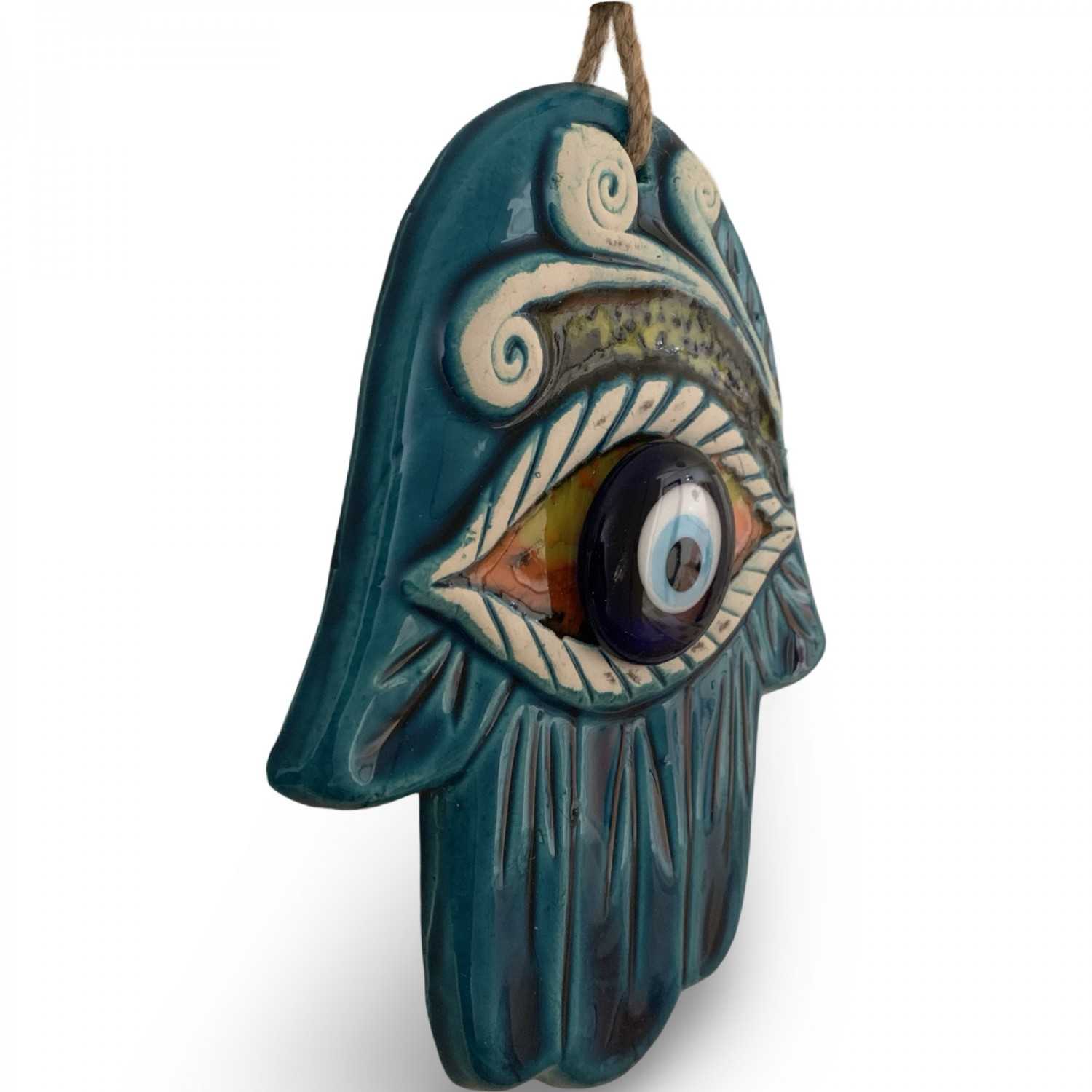 Handmade Turkish Ceramic Decorative Wall Hanging – Hamza Hand & Blue Evil Eye Design