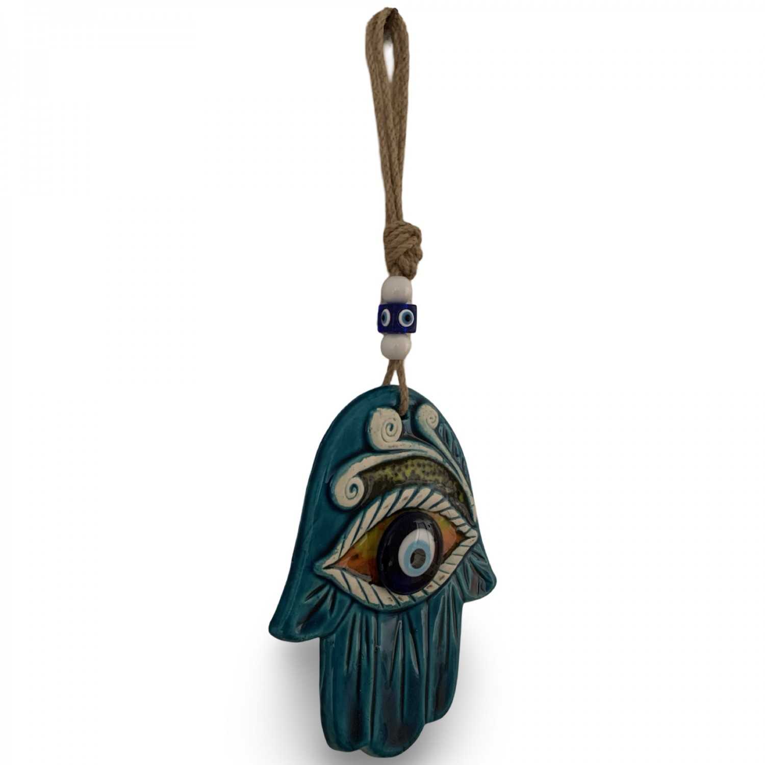 Handmade Turkish Ceramic Decorative Wall Hanging – Hamza Hand & Blue Evil Eye Design