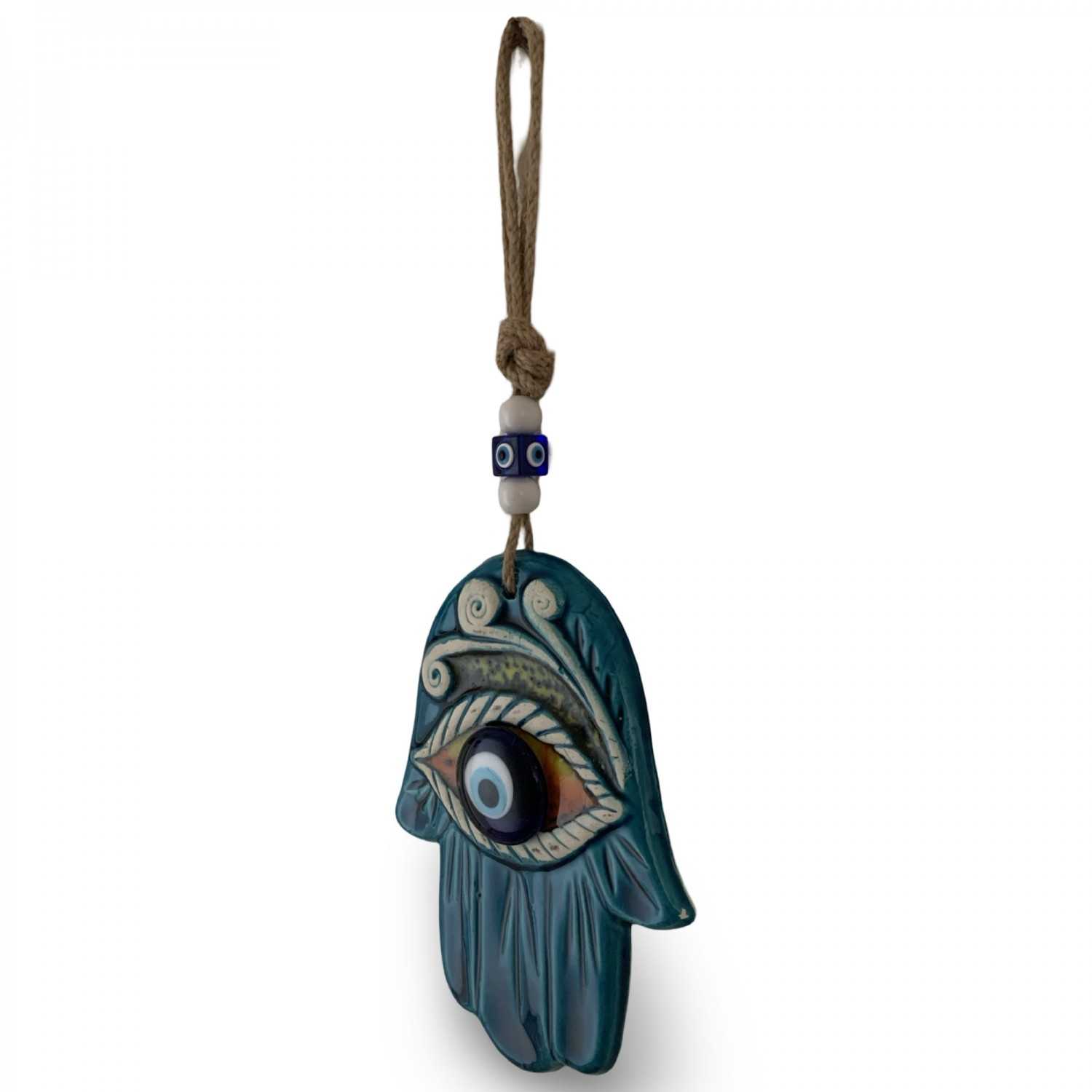 Handmade Turkish Ceramic Decorative Wall Hanging – Hamza Hand & Blue Evil Eye Design