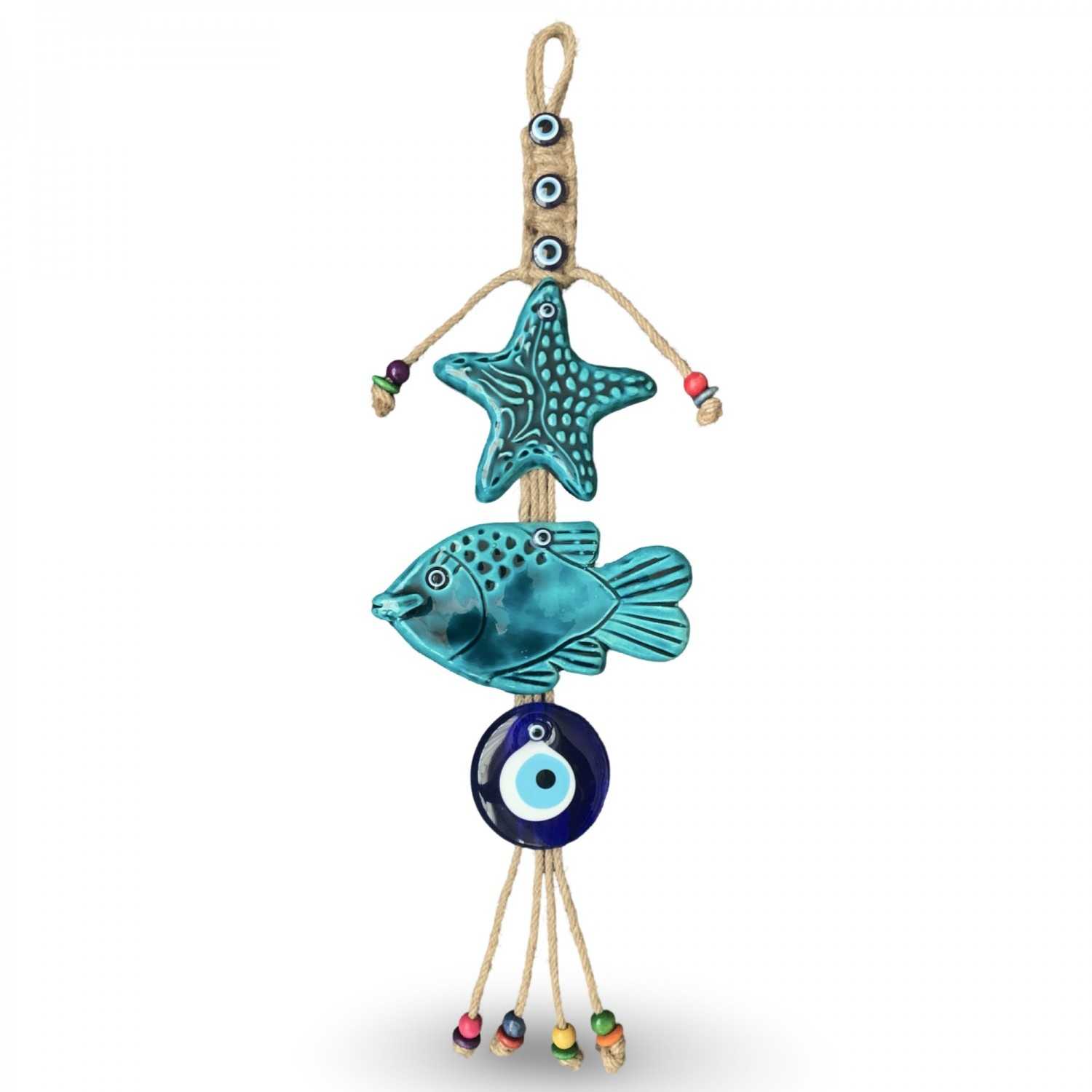 Handmade Turkish Ceramic Decorative Wall Hanging – Fish, Sea Star & Blue Evil Eyes Design