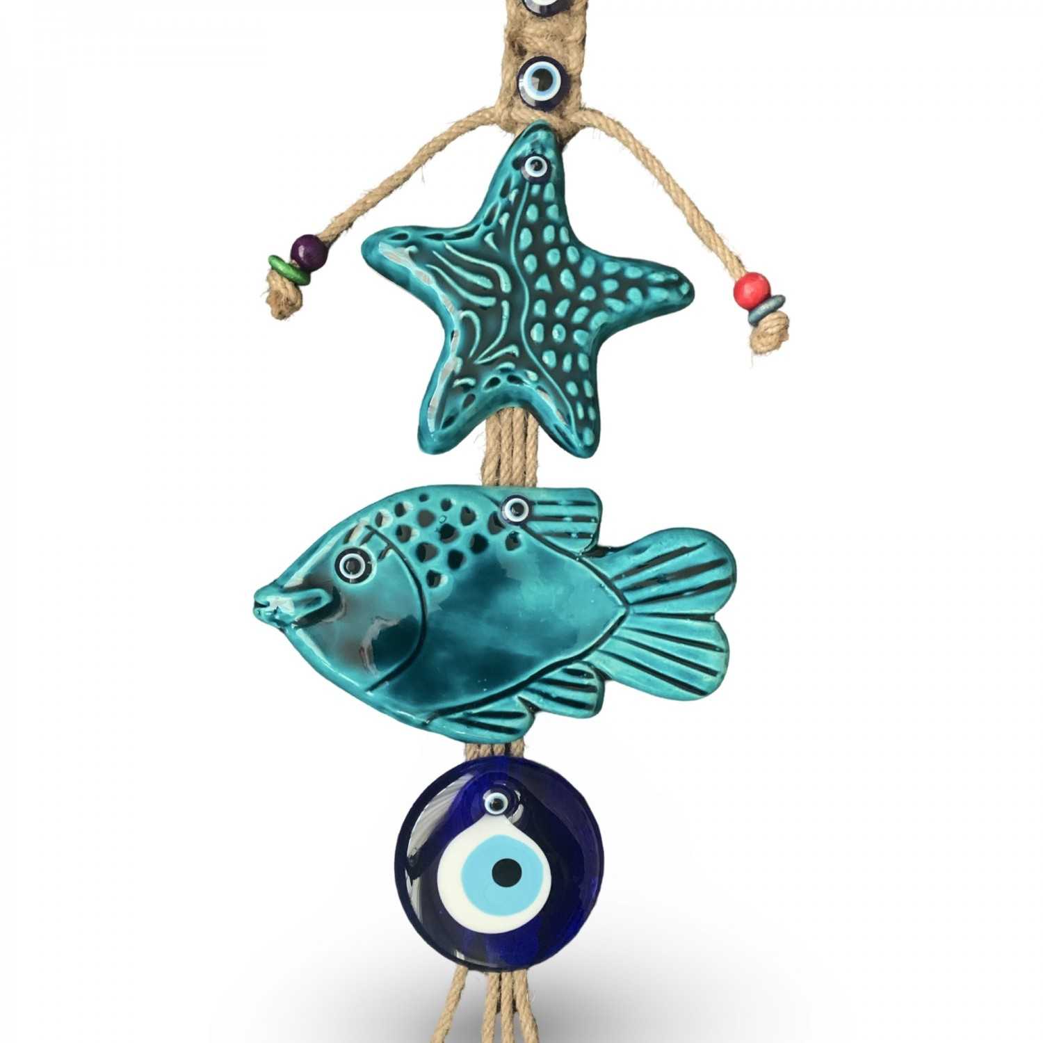 Handmade Turkish Ceramic Decorative Wall Hanging – Fish, Sea Star & Blue Evil Eyes Design