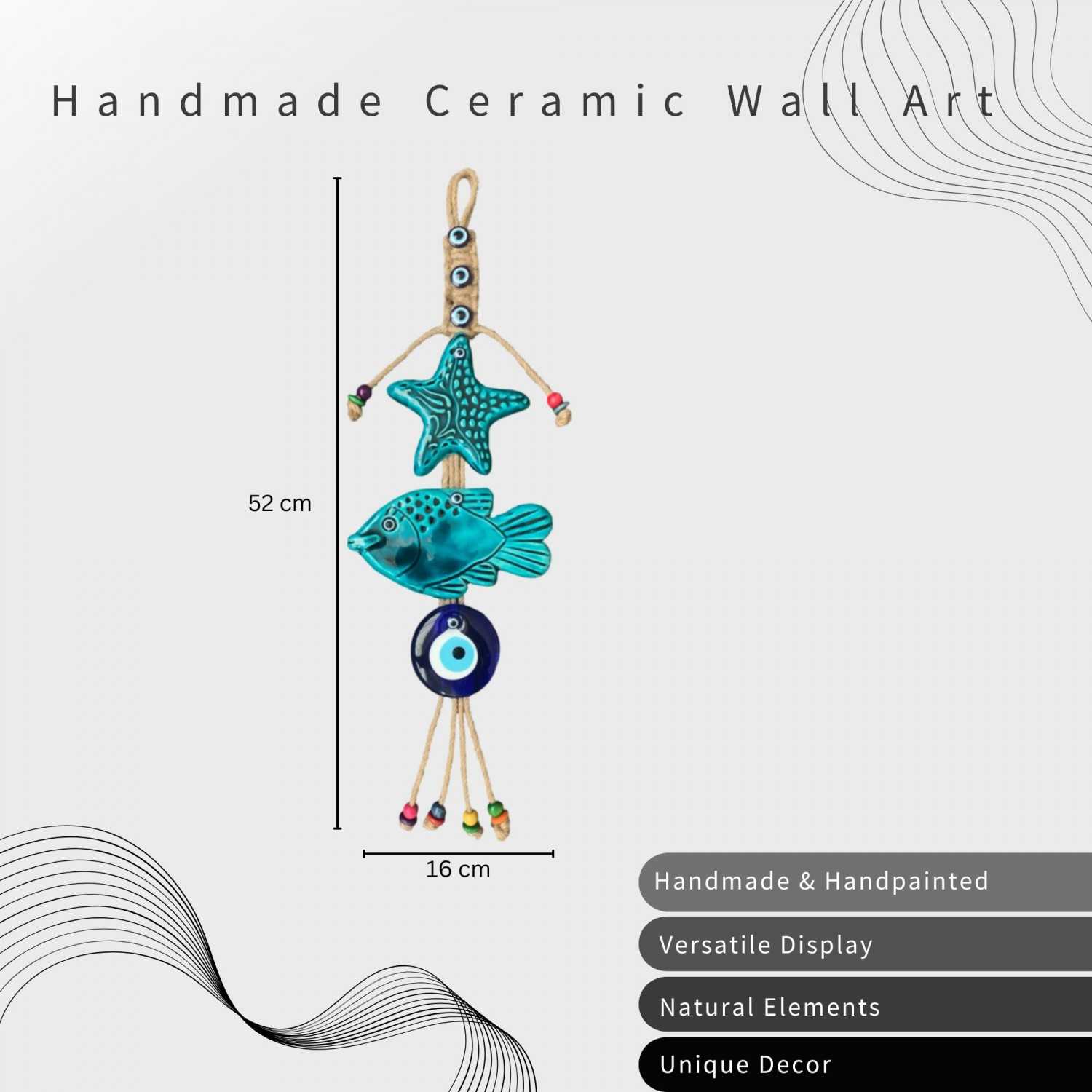 Handmade Turkish Ceramic Decorative Wall Hanging – Fish, Sea Star & Blue Evil Eyes Design