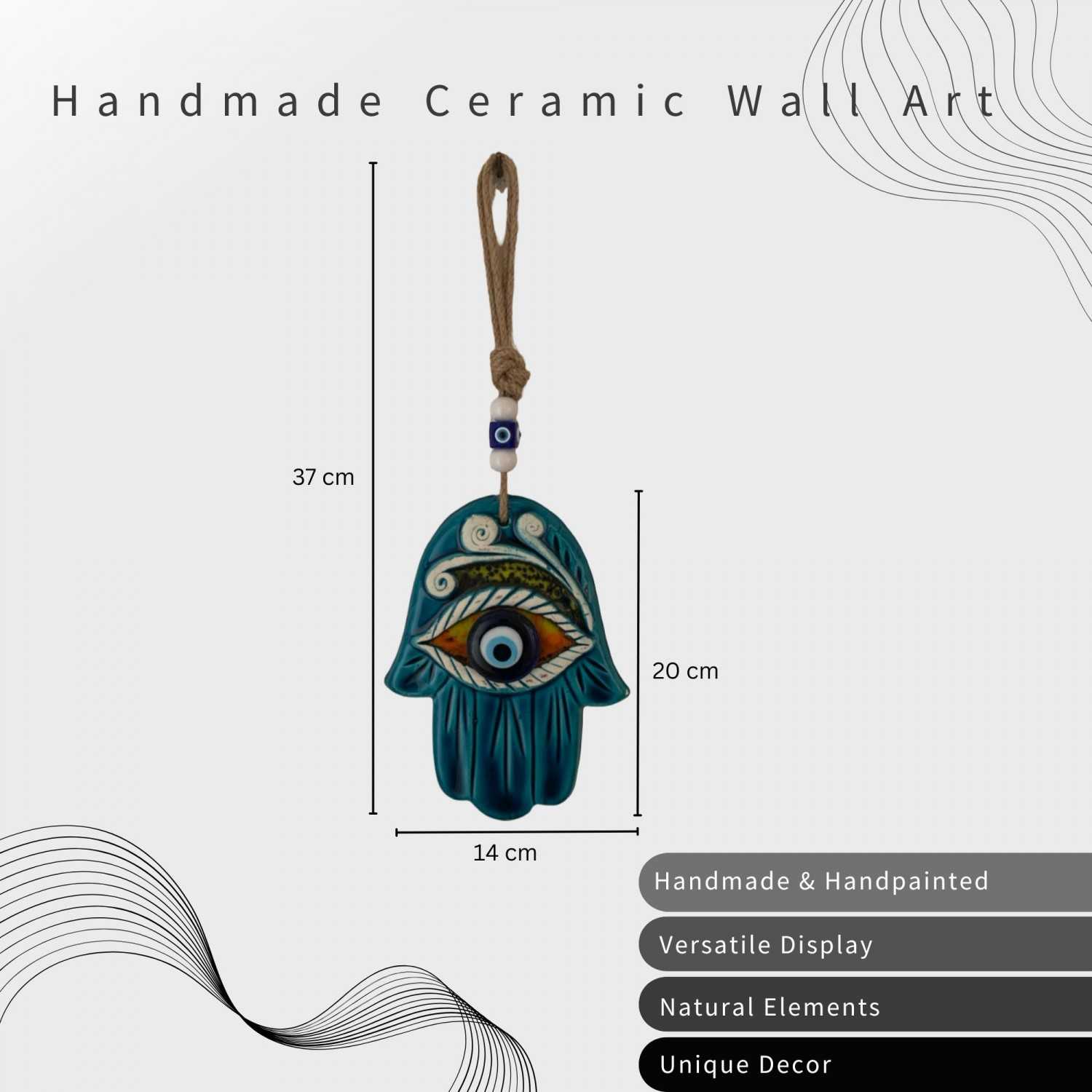Handmade Turkish Ceramic Decorative Wall Hanging – Hamza Hand & Blue Evil Eye Design