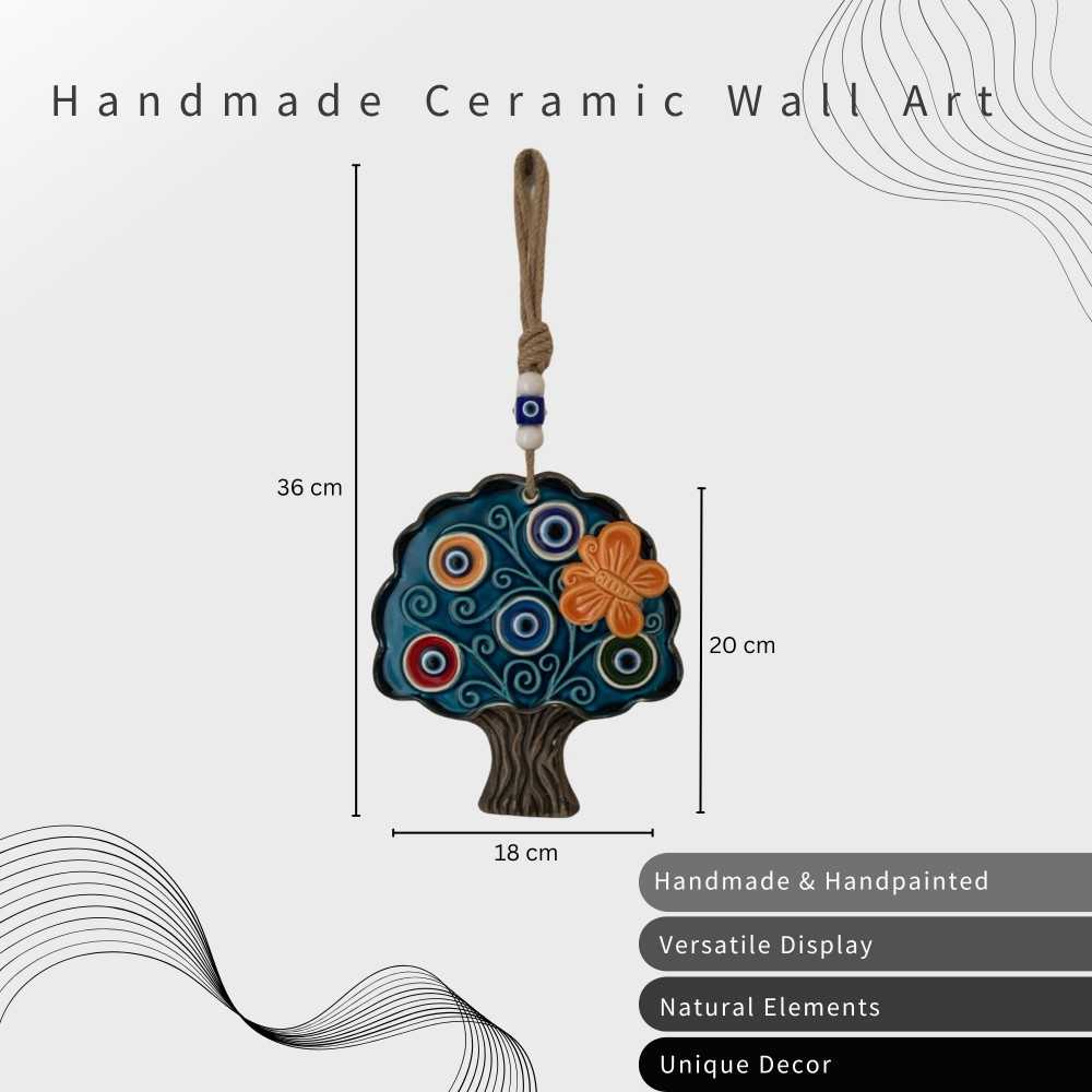 Handcrafted Turkish Ceramic Tree Wall Hanging – Blue Evil Eyes & Butterfly Decoration