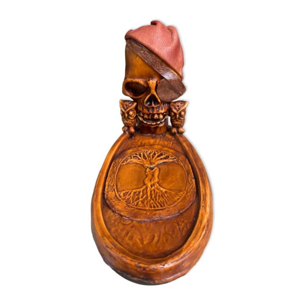 Handmade Skull-Themed Incense Burner Plate with Tree of Life Carving