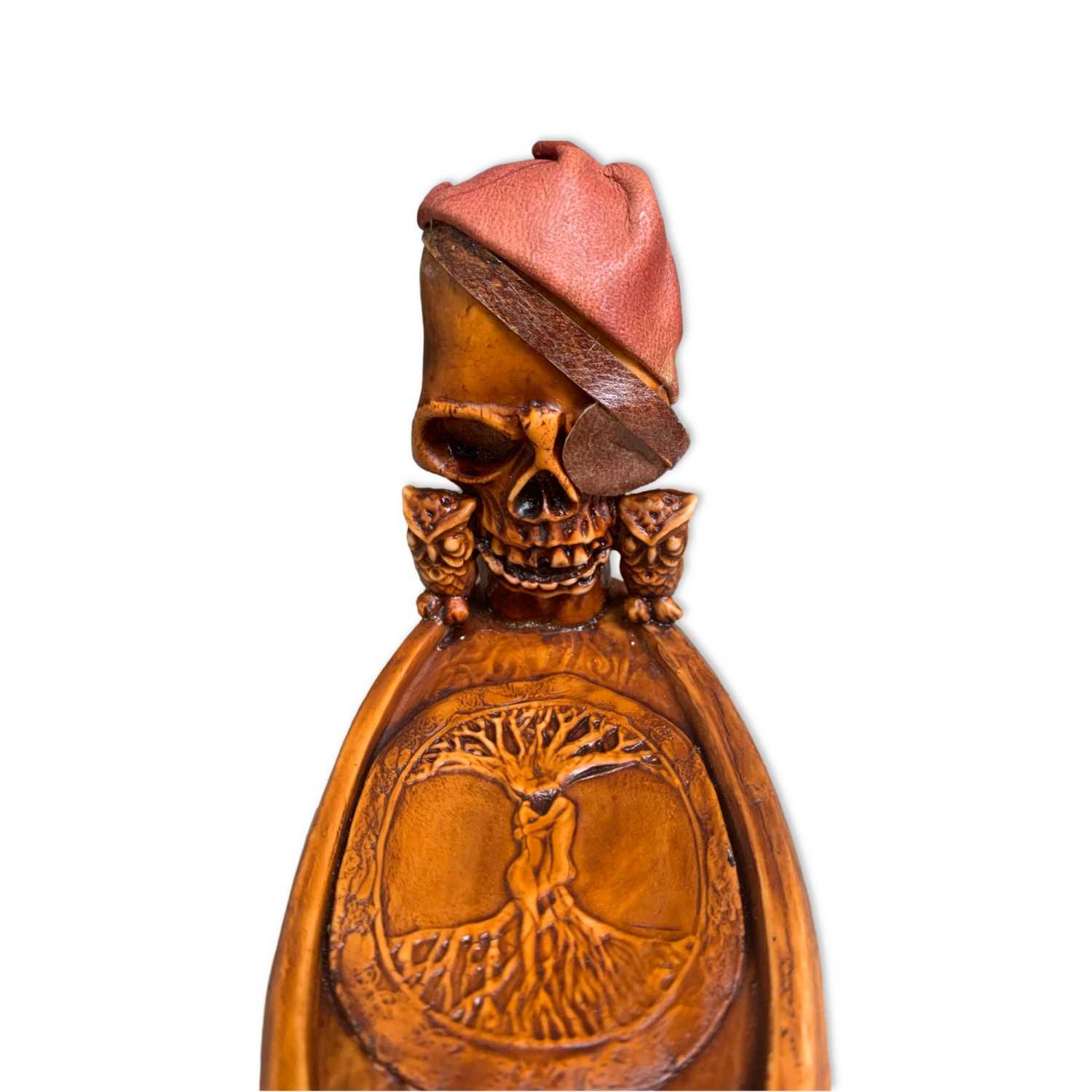 Handmade Skull-Themed Incense Burner Plate with Tree of Life Carving
