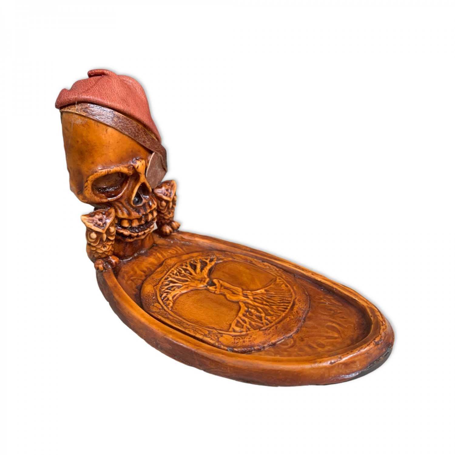Handmade Skull-Themed Incense Burner Plate with Tree of Life Carving