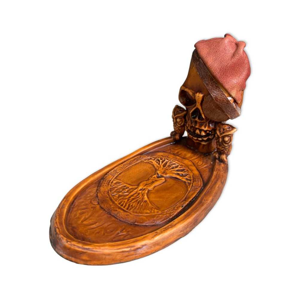 Handmade Skull-Themed Incense Burner Plate with Tree of Life Carving