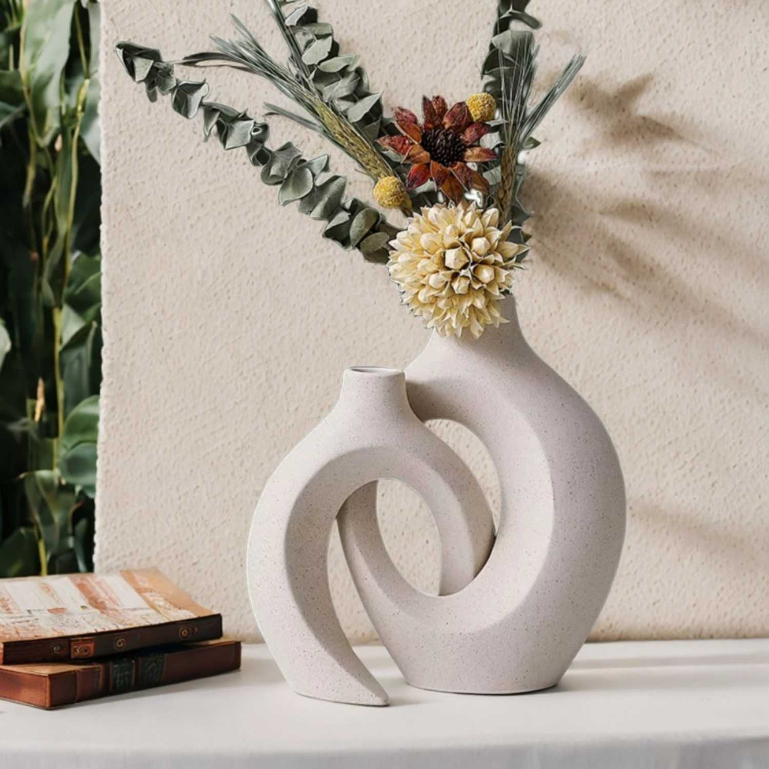 Modern Boho Ceramic Vase Set – 2-Piece Hollow Sculptural Design