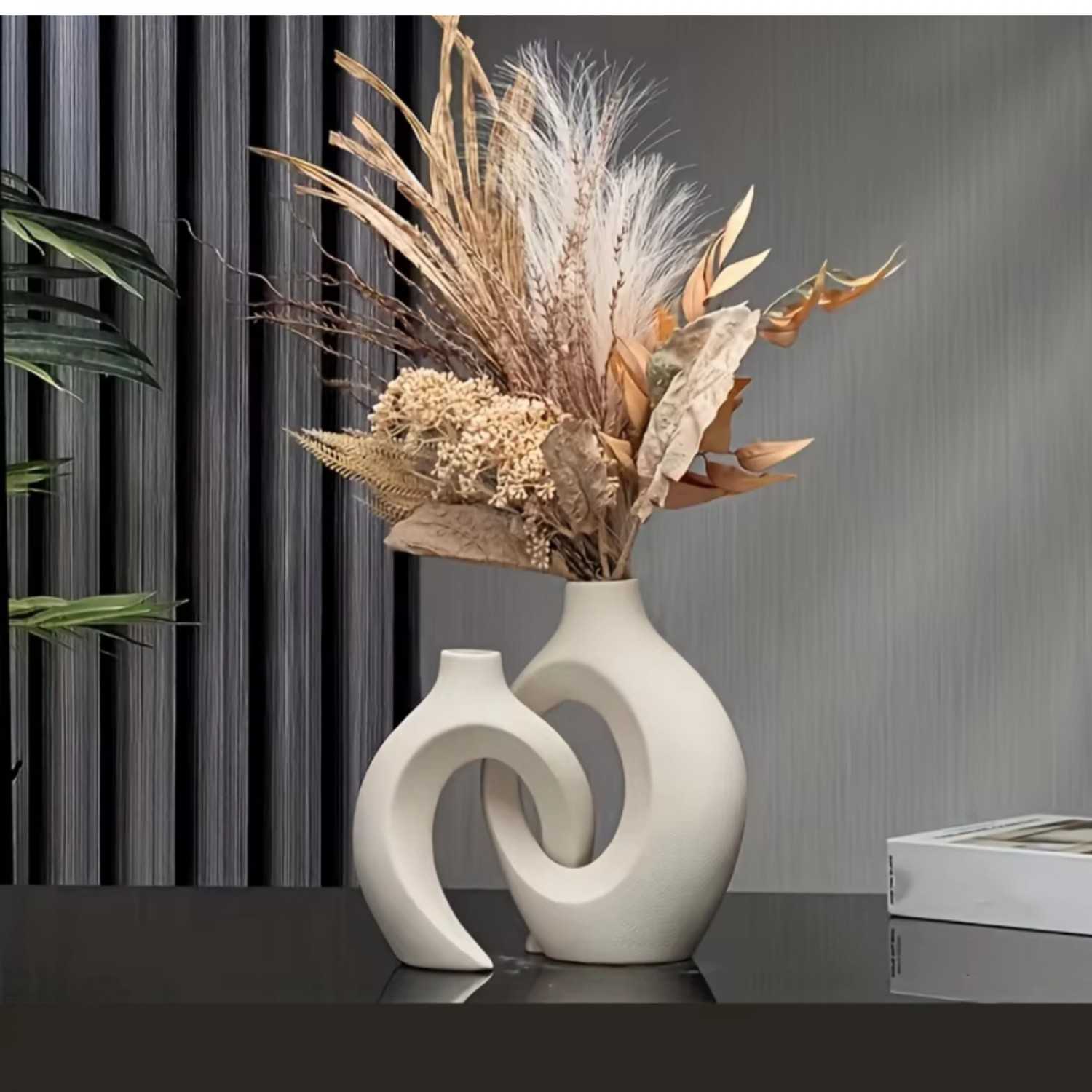 Modern Boho Ceramic Vase Set – 2-Piece Hollow Sculptural Design