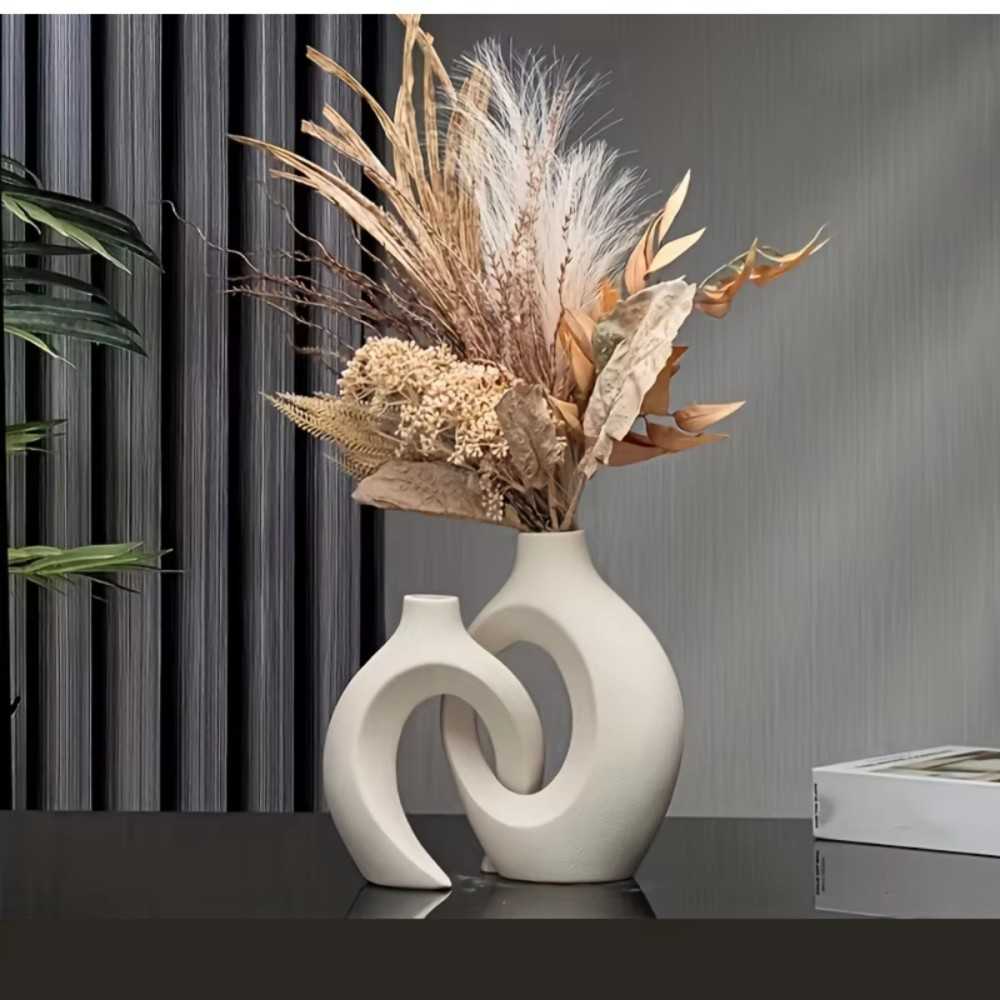 Modern Boho Ceramic Vase Set – 2-Piece Hollow Sculptural Design