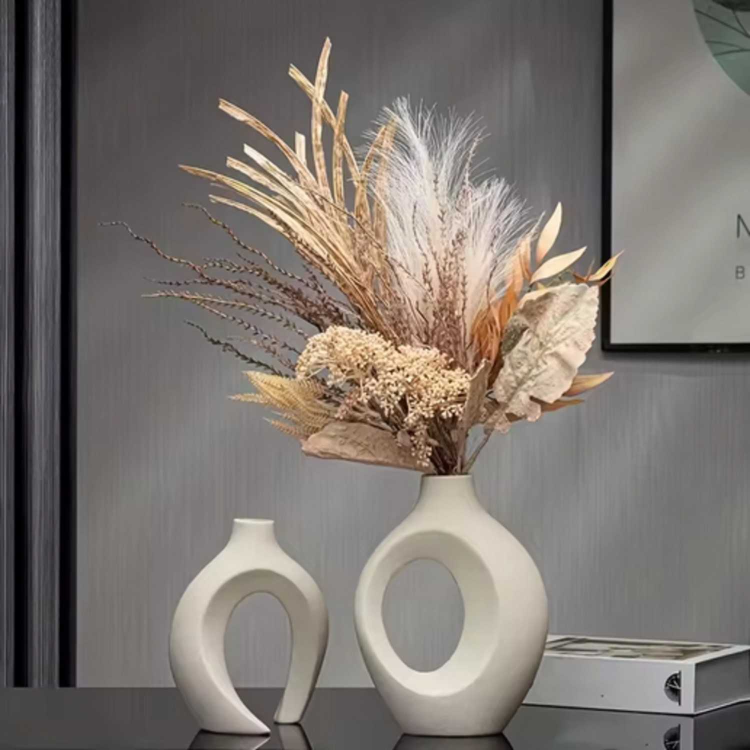 Modern Boho Ceramic Vase Set – 2-Piece Hollow Sculptural Design
