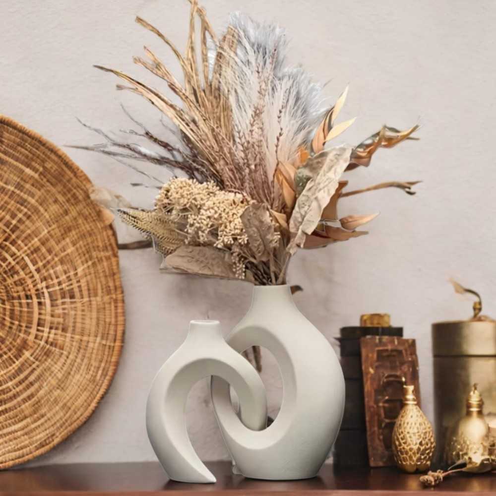 Modern Boho Ceramic Vase Set – 2-Piece Hollow Sculptural Design