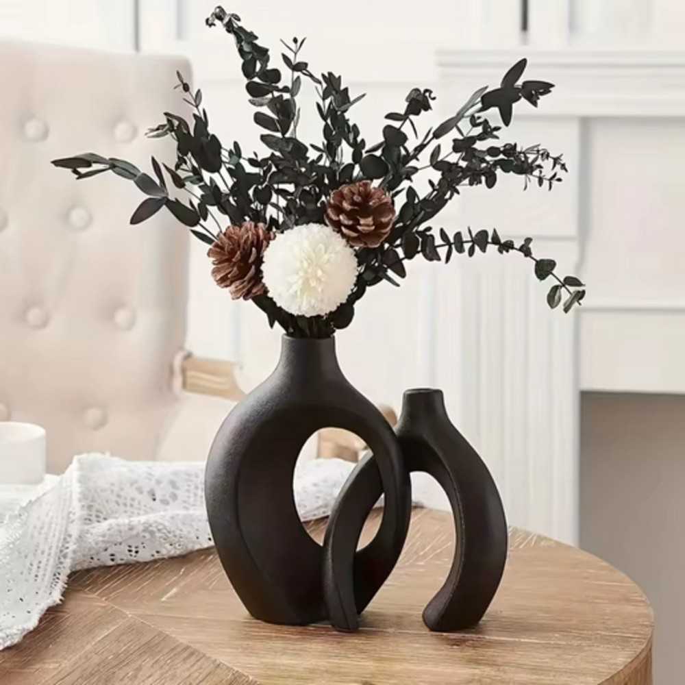 Modern Boho Ceramic Vase Set – 2-Piece Hollow Sculptural Design