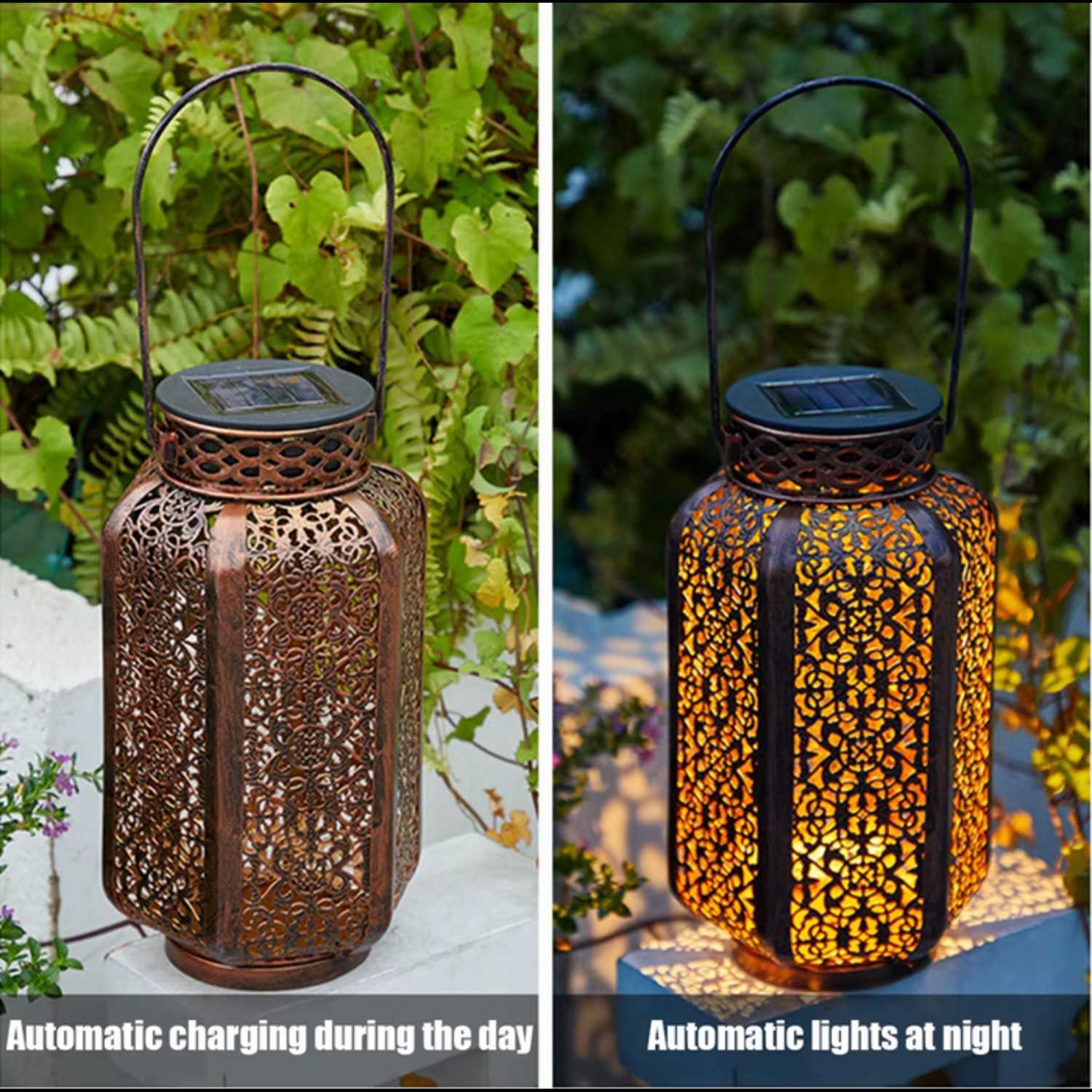 Moroccan-Style Solar Powered Metal Hanging Lantern
