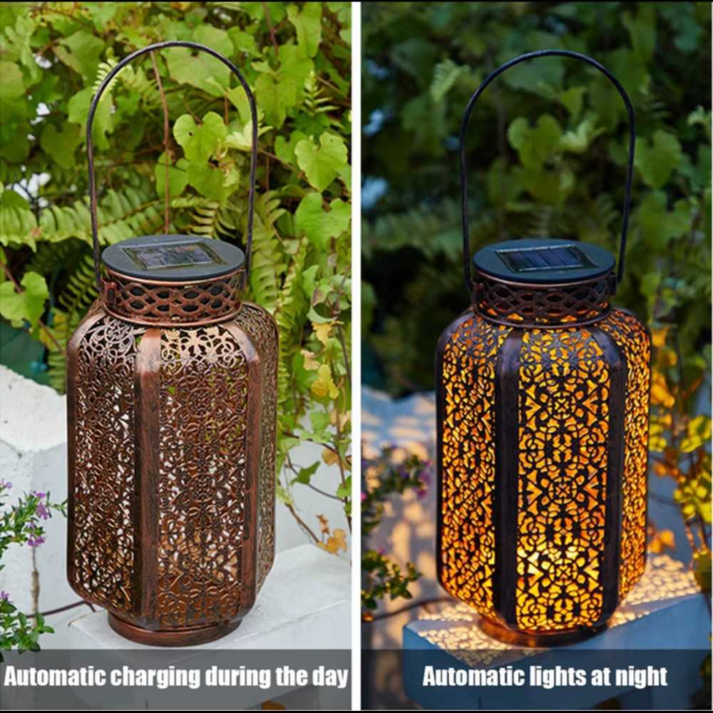 Moroccan-Style Solar Powered Metal Hanging Lantern